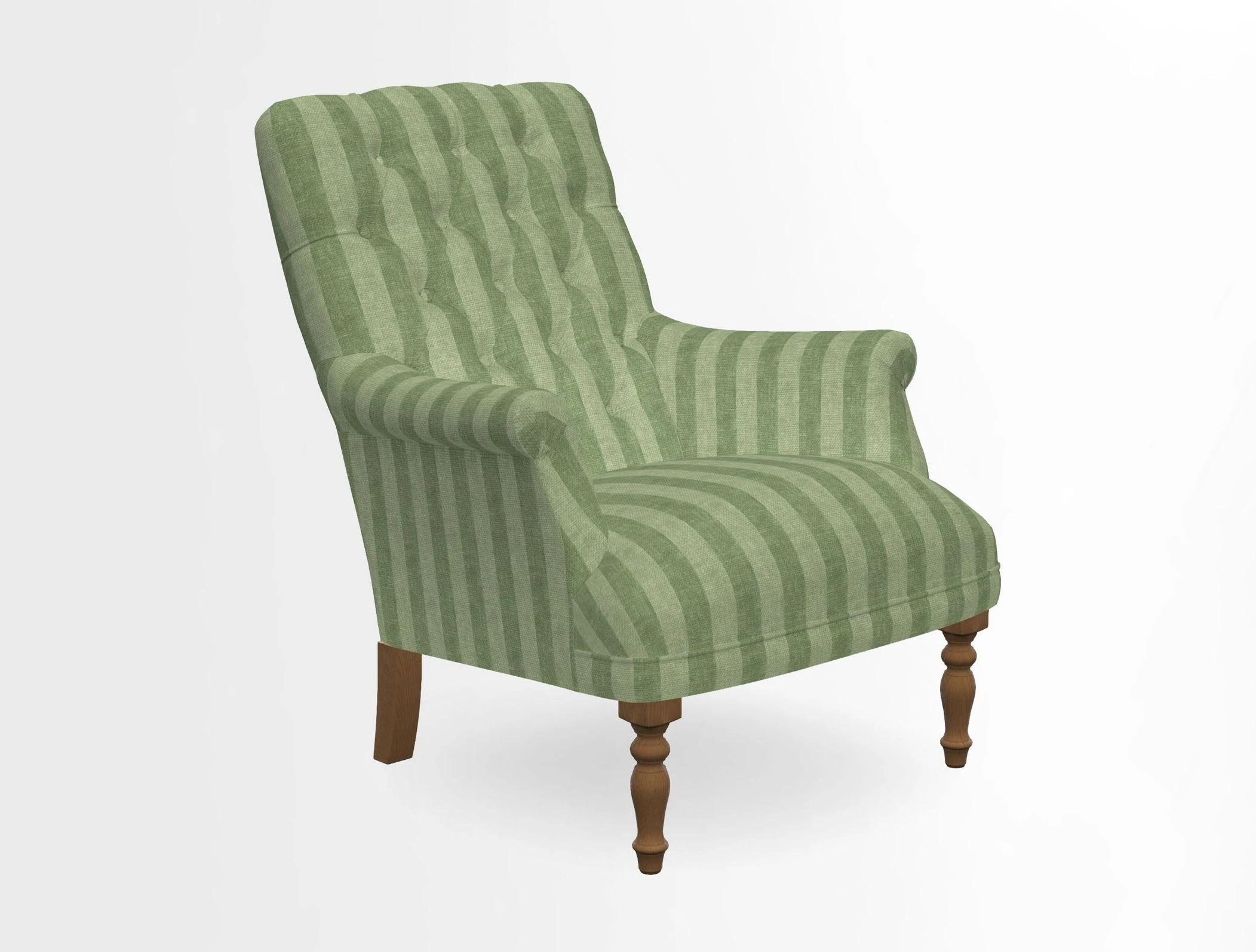 Snape Button Back chair in Spill Resistant V&A Bird & Rabbit Dark Green and Cube footstool in Spill Resistant RHS Etta's Stripe Ink