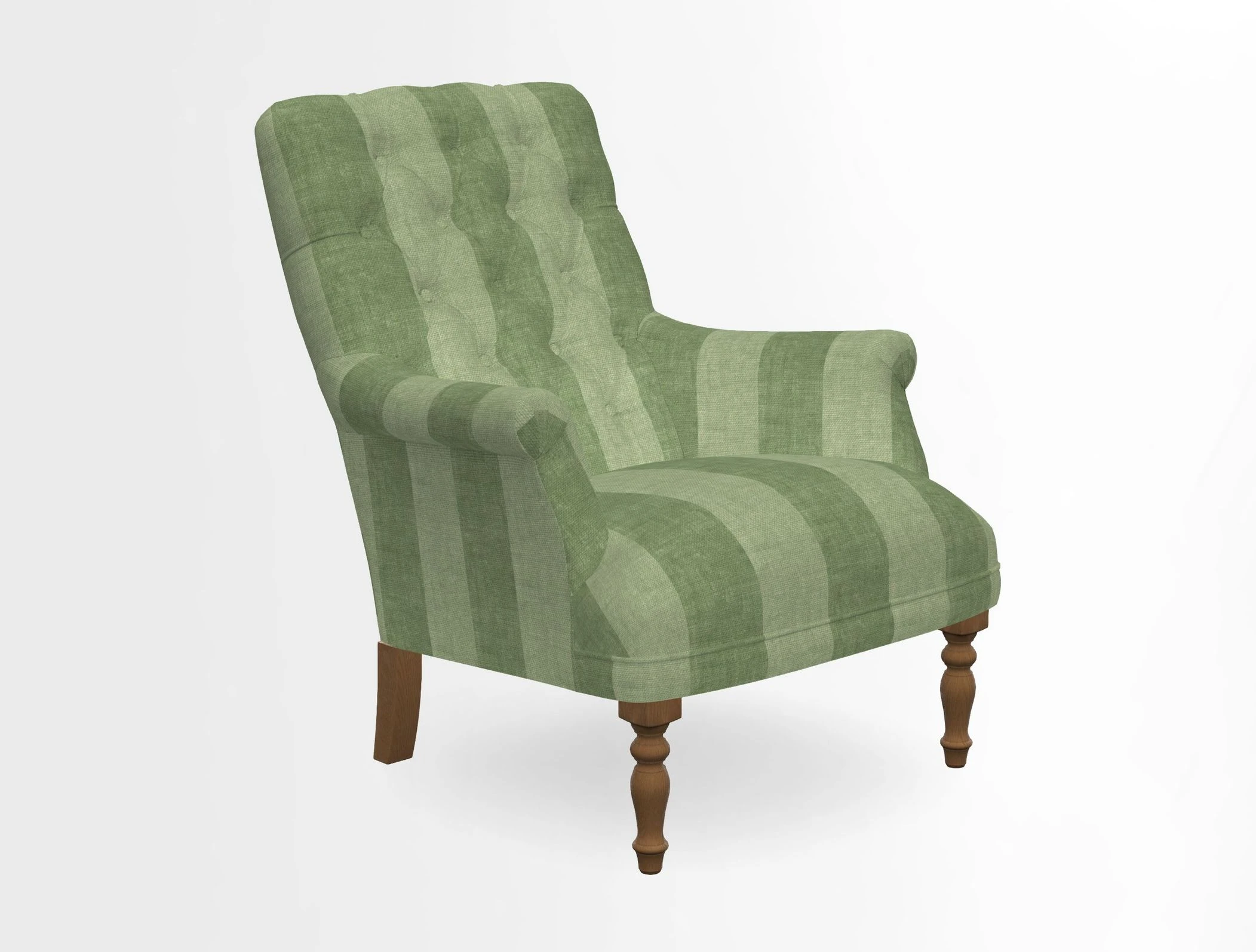 Snape Button Back chair in Spill Resistant V&A Bird & Rabbit Dark Green and Cube footstool in Spill Resistant RHS Etta's Stripe Ink