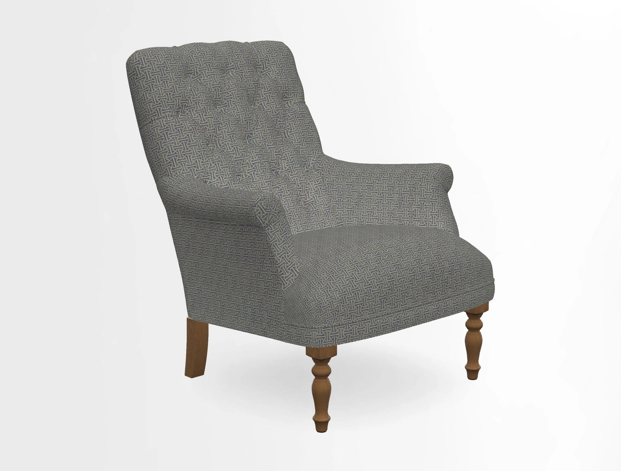Snape Button Back chair in Spill Resistant V&A Bird & Rabbit Dark Green and Cube footstool in Spill Resistant RHS Etta's Stripe Ink