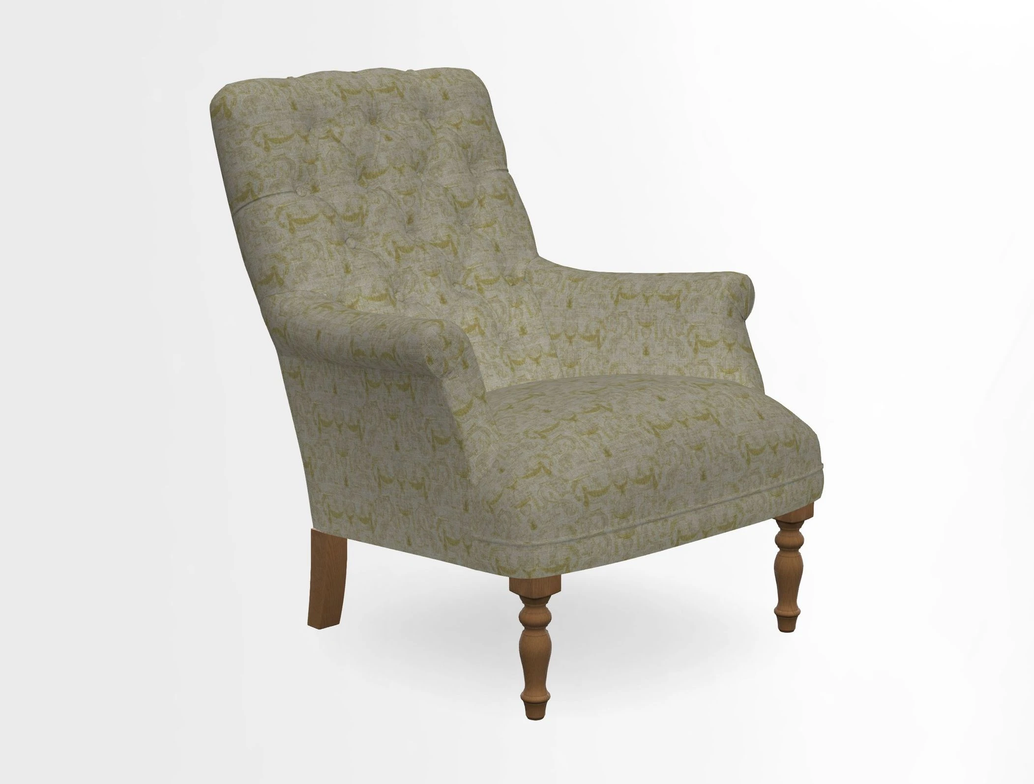 Snape Button Back chair in Spill Resistant V&A Bird & Rabbit Dark Green and Cube footstool in Spill Resistant RHS Etta's Stripe Ink