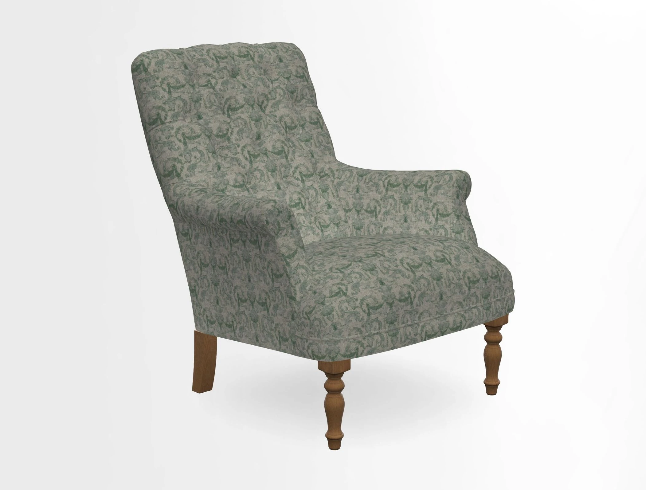 Snape Button Back chair in Spill Resistant V&A Bird & Rabbit Dark Green and Cube footstool in Spill Resistant RHS Etta's Stripe Ink