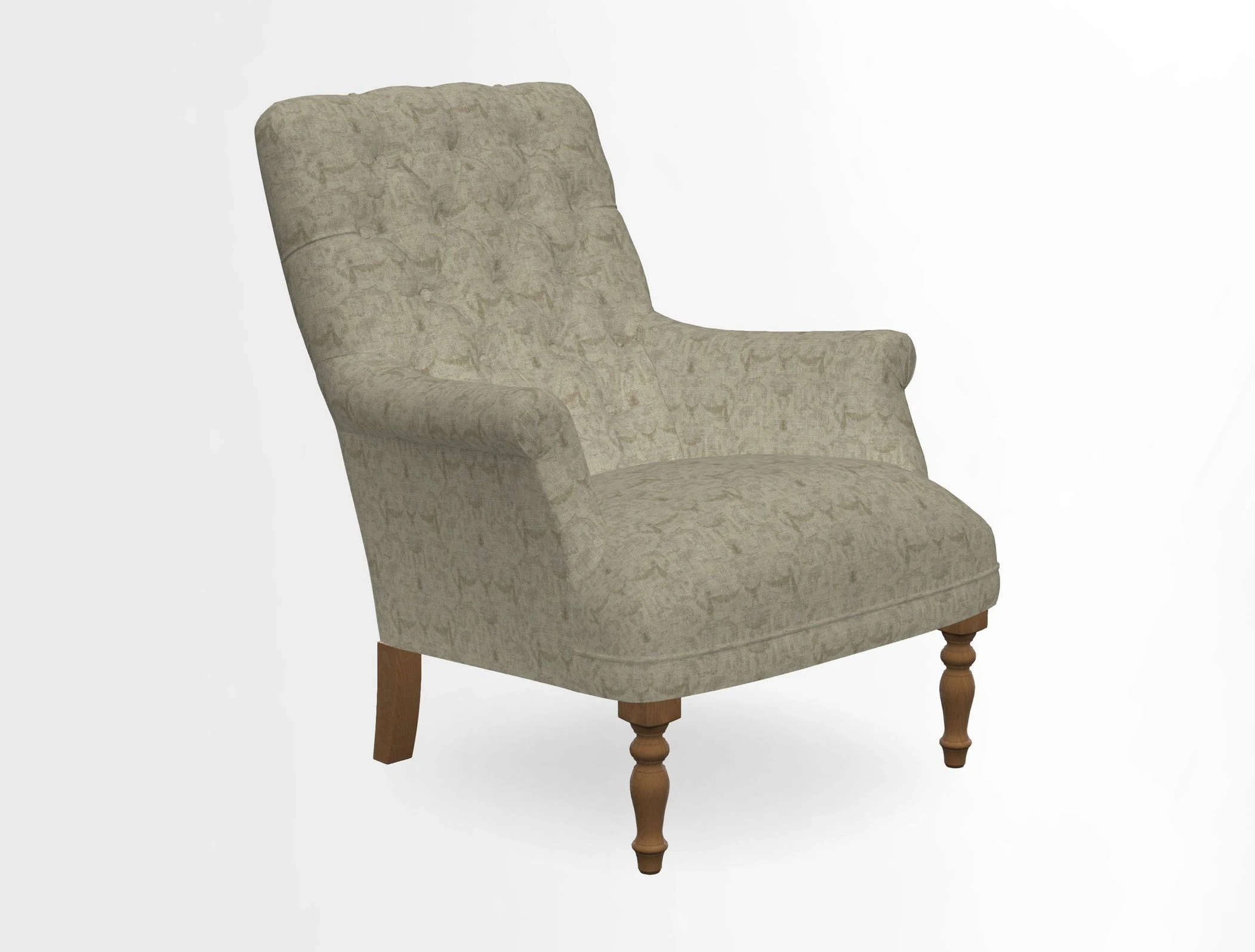 Snape Button Back chair in Spill Resistant V&A Bird & Rabbit Dark Green and Cube footstool in Spill Resistant RHS Etta's Stripe Ink