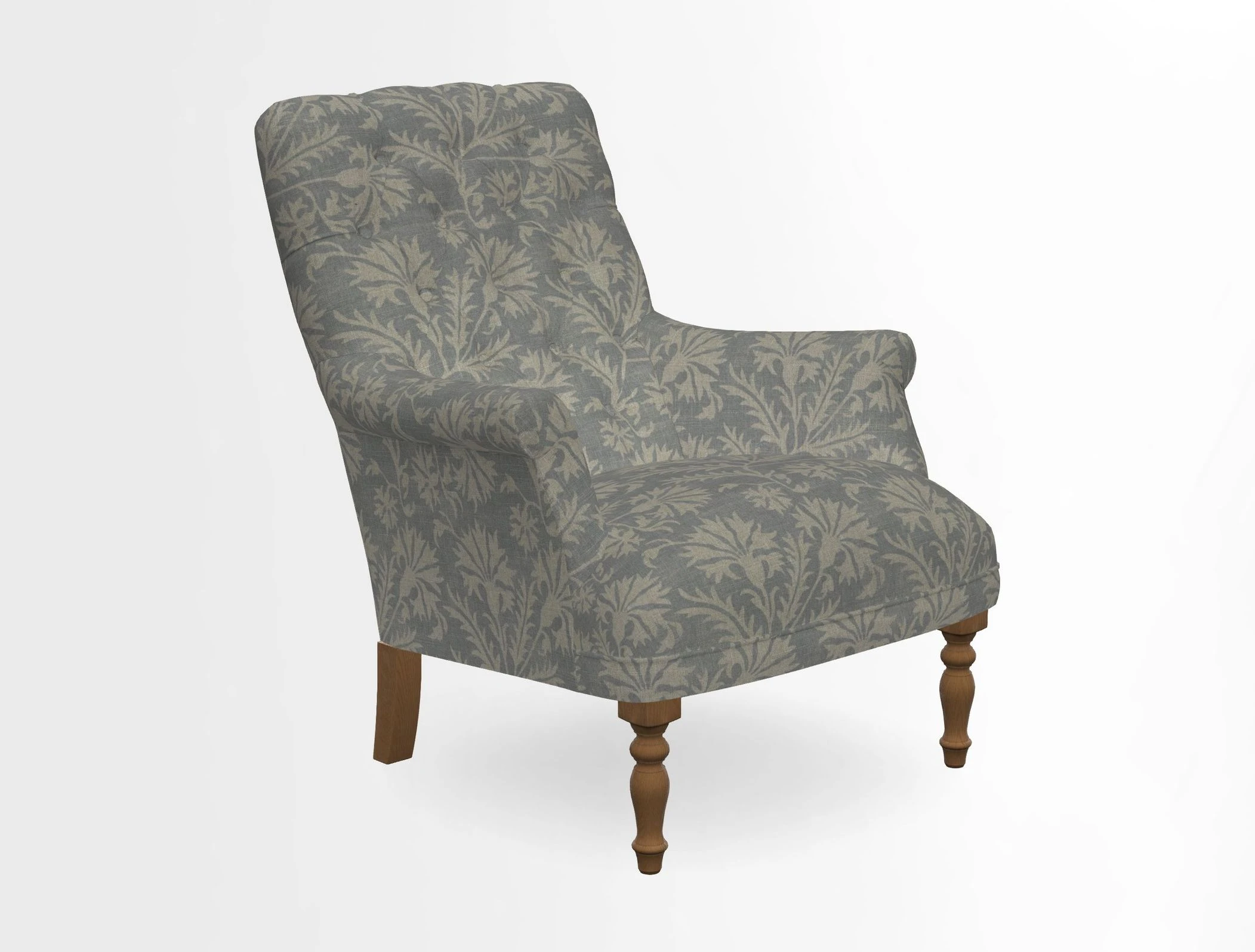 Snape Button Back chair in Spill Resistant V&A Bird & Rabbit Dark Green and Cube footstool in Spill Resistant RHS Etta's Stripe Ink