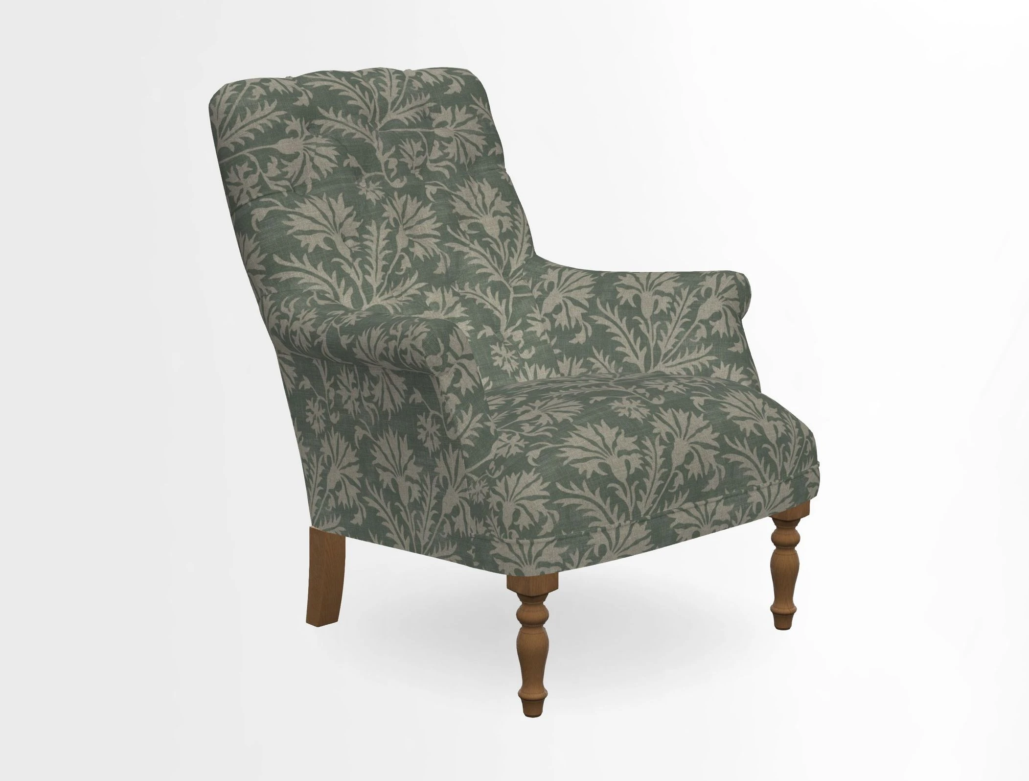 Snape Button Back chair in Spill Resistant V&A Bird & Rabbit Dark Green and Cube footstool in Spill Resistant RHS Etta's Stripe Ink