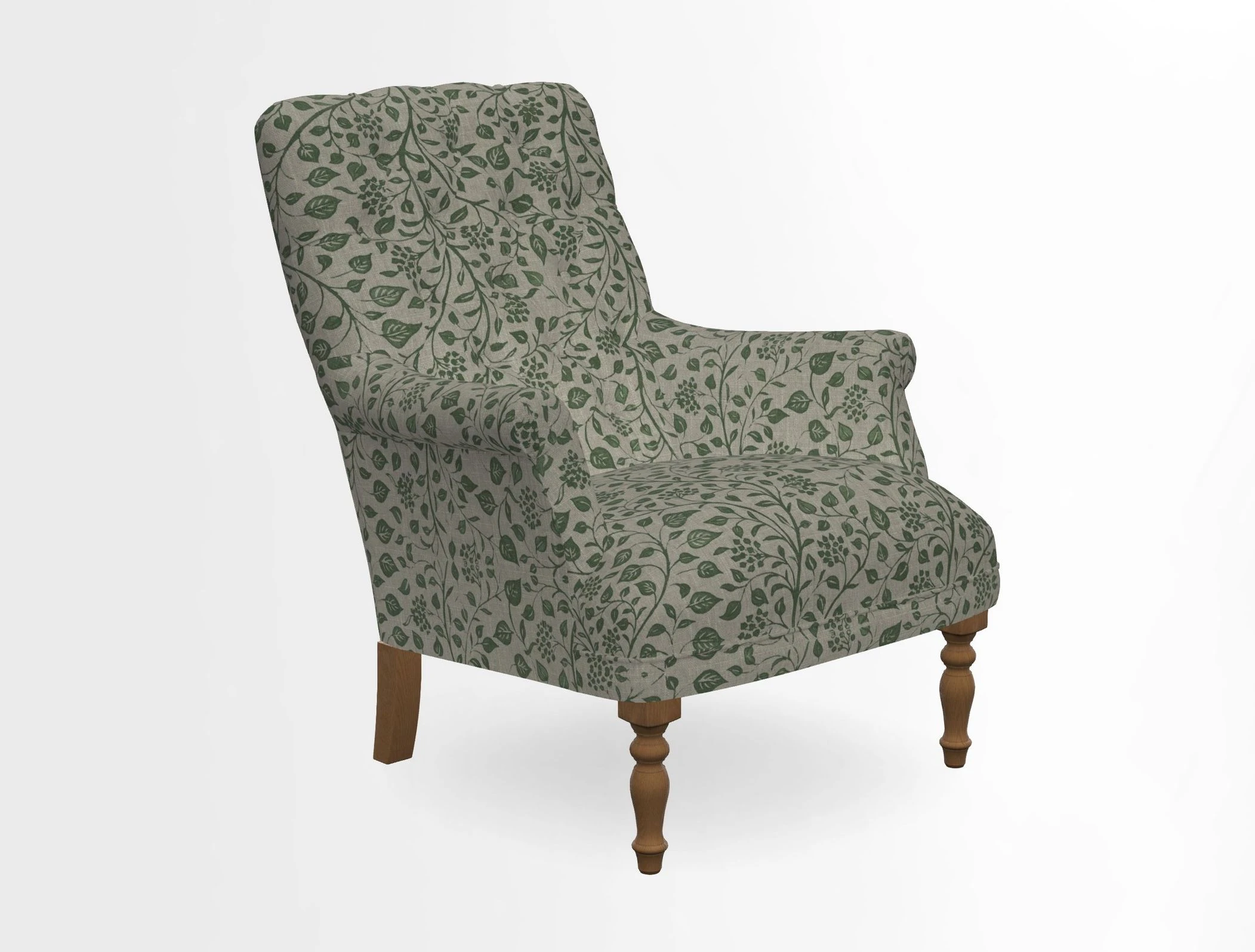 Snape Button Back chair in Spill Resistant V&A Bird & Rabbit Dark Green and Cube footstool in Spill Resistant RHS Etta's Stripe Ink