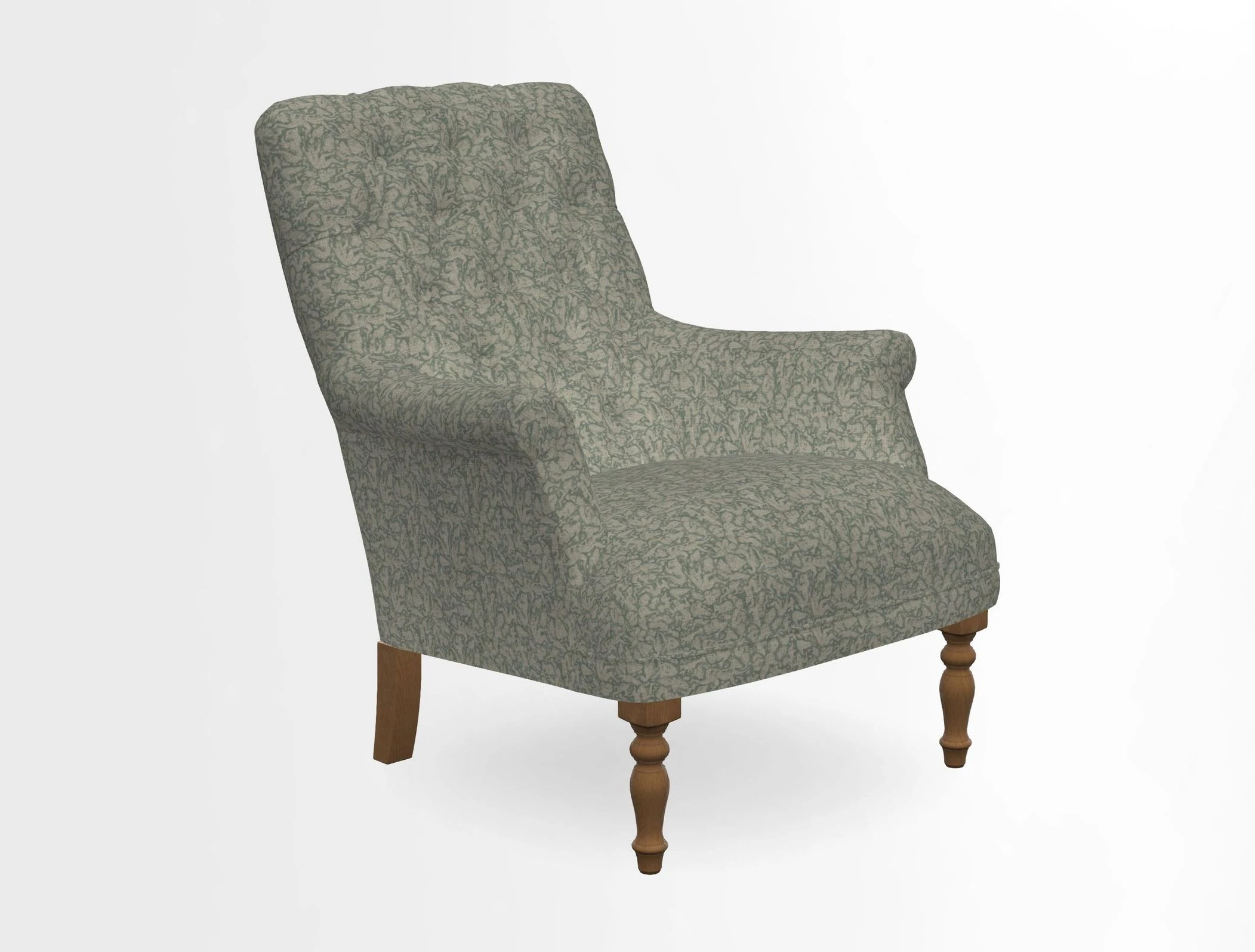 Snape Button Back chair in Spill Resistant V&A Bird & Rabbit Dark Green and Cube footstool in Spill Resistant RHS Etta's Stripe Ink