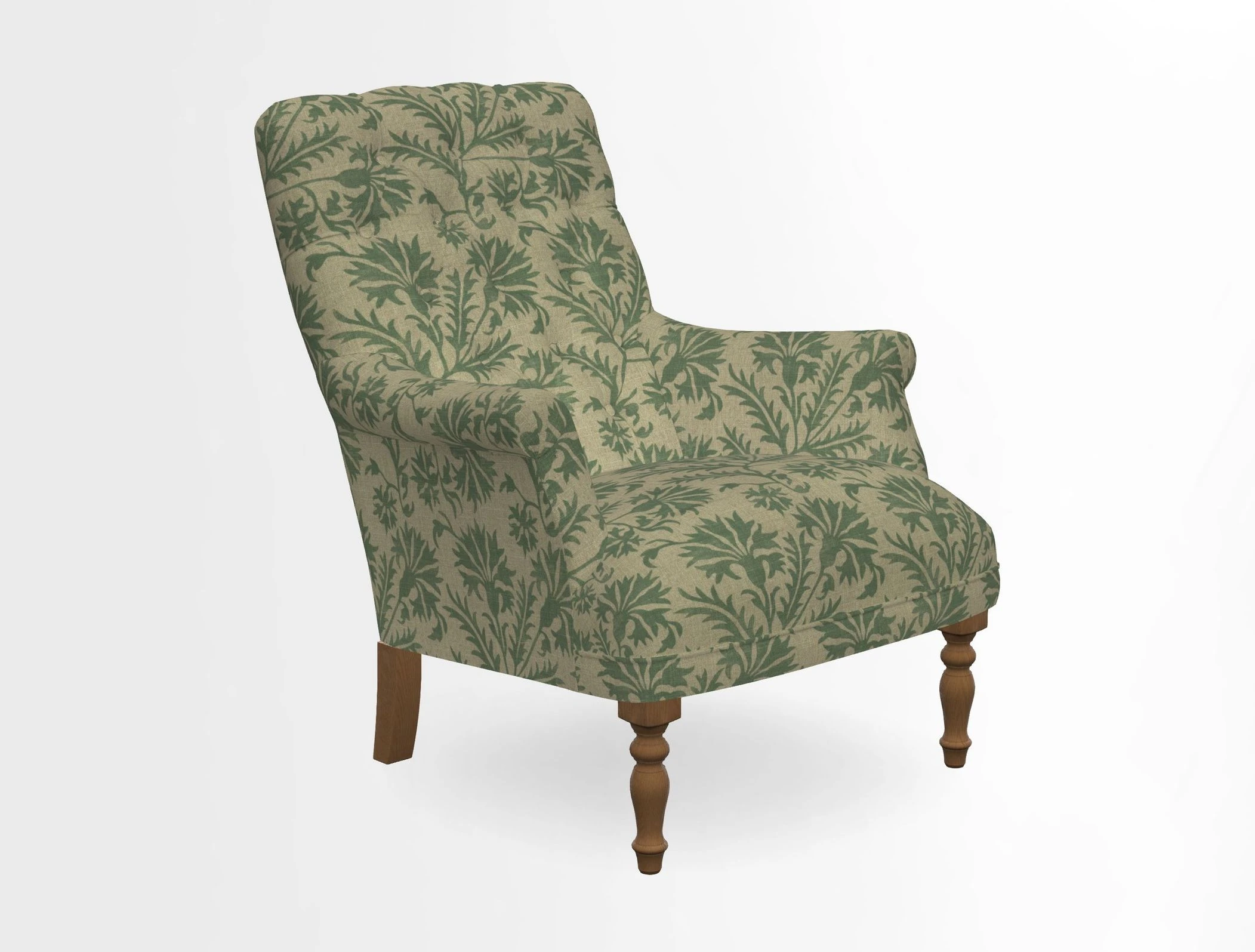 Snape Button Back chair in Spill Resistant V&A Bird & Rabbit Dark Green and Cube footstool in Spill Resistant RHS Etta's Stripe Ink