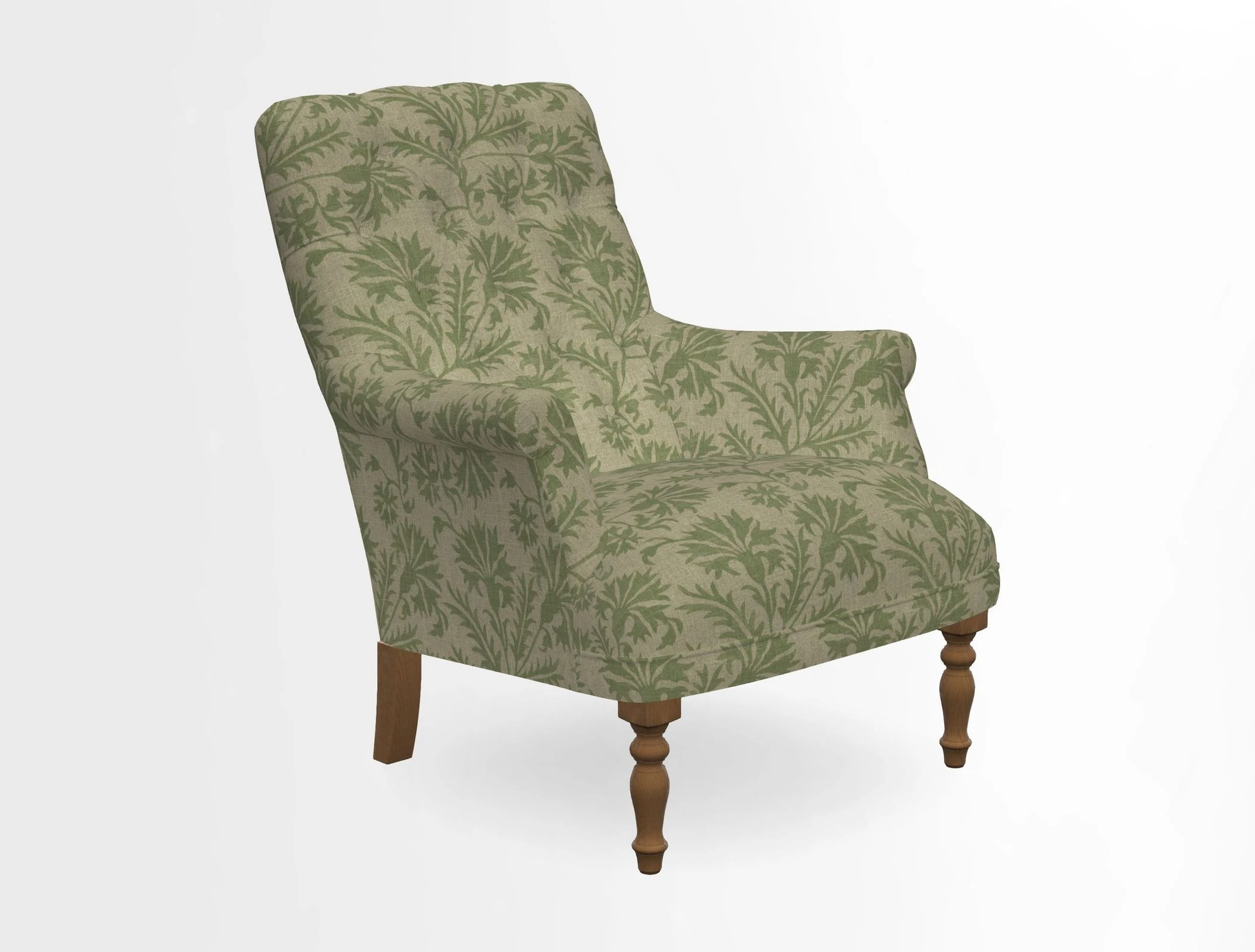 Snape Button Back chair in Spill Resistant V&A Bird & Rabbit Dark Green and Cube footstool in Spill Resistant RHS Etta's Stripe Ink