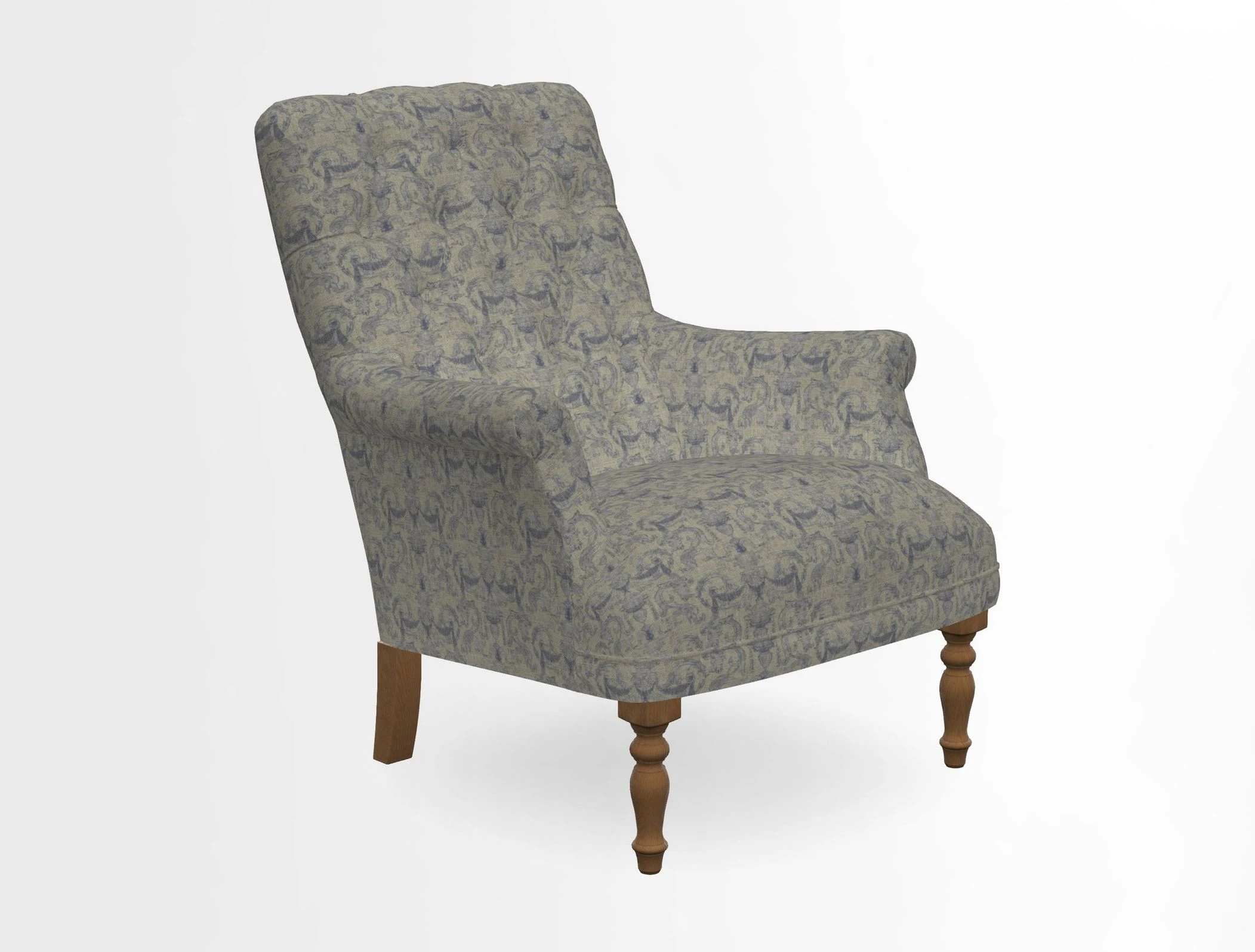 Snape Button Back chair in Spill Resistant V&A Bird & Rabbit Dark Green and Cube footstool in Spill Resistant RHS Etta's Stripe Ink