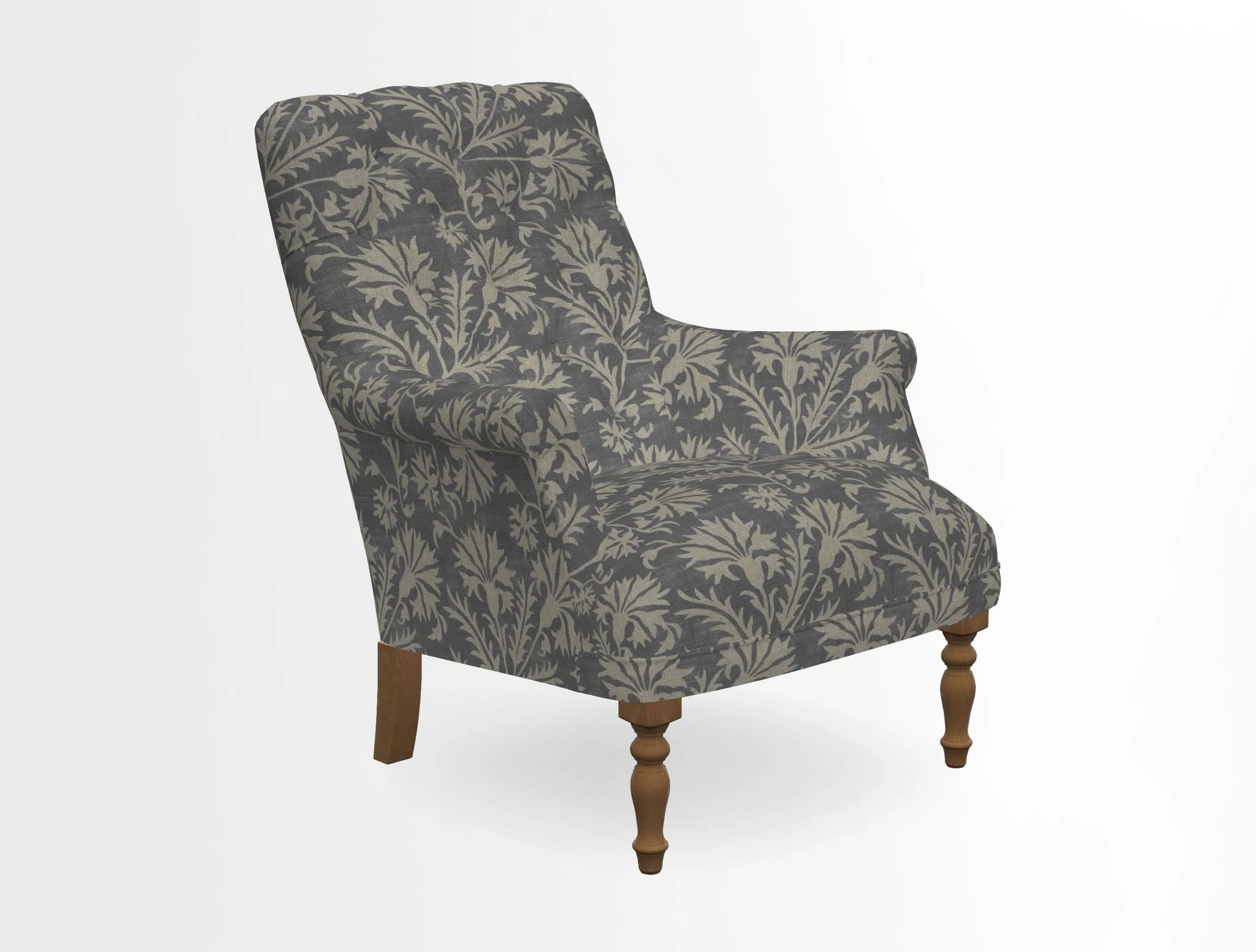 Snape Button Back chair in Spill Resistant V&A Bird & Rabbit Dark Green and Cube footstool in Spill Resistant RHS Etta's Stripe Ink