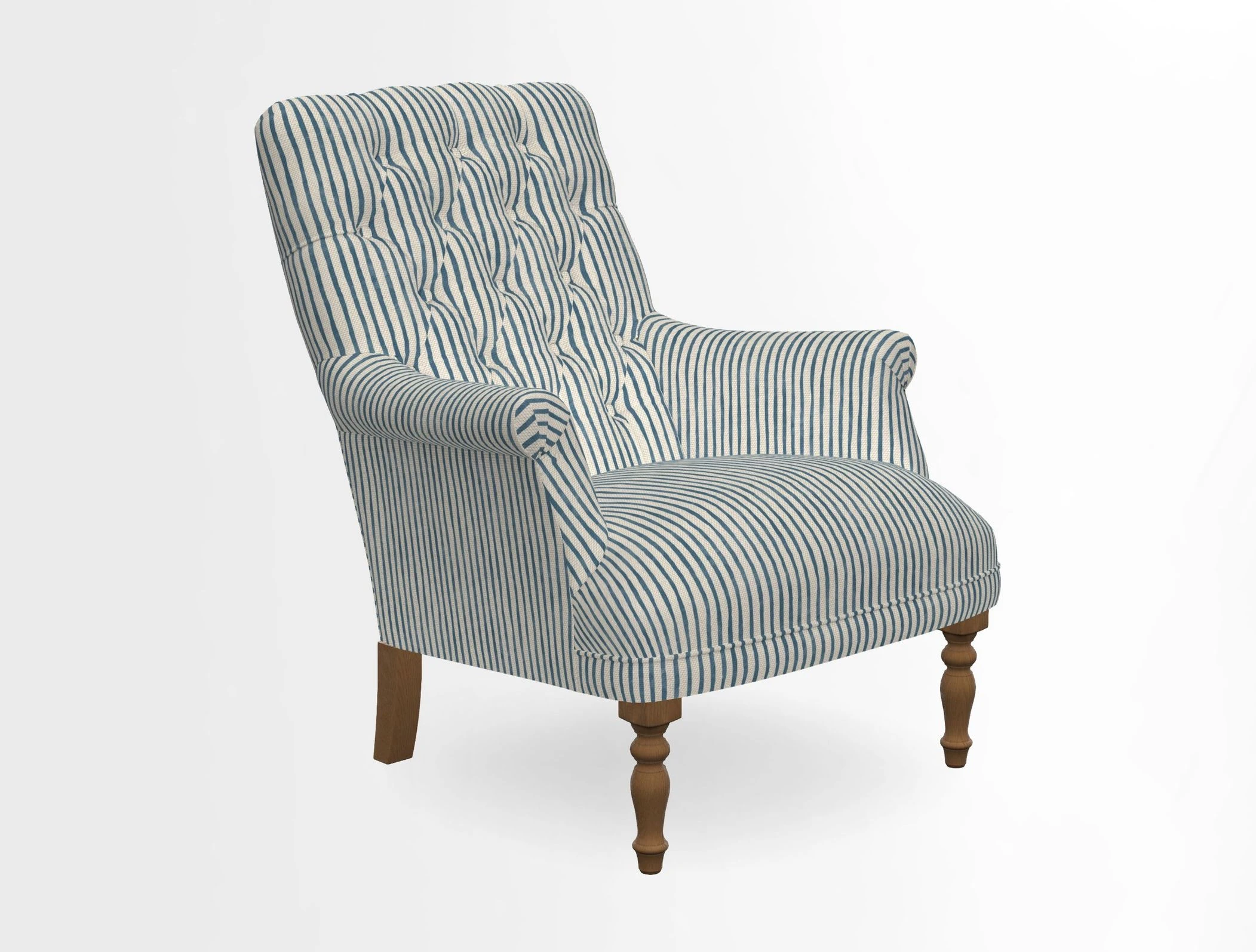 Snape Button Back chair in Spill Resistant V&A Bird & Rabbit Dark Green and Cube footstool in Spill Resistant RHS Etta's Stripe Ink