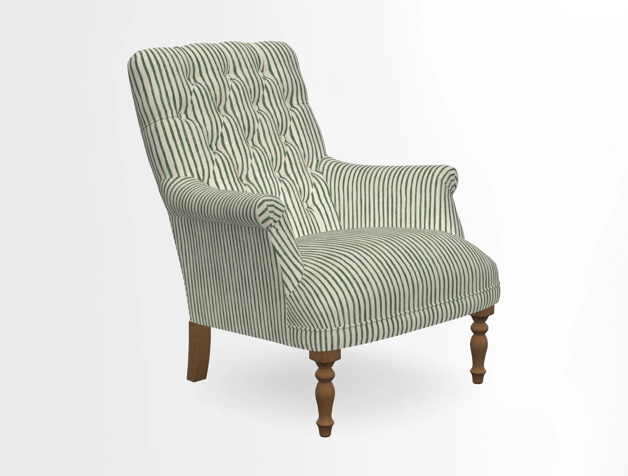 Snape Button Back chair in Spill Resistant V&A Bird & Rabbit Dark Green and Cube footstool in Spill Resistant RHS Etta's Stripe Ink