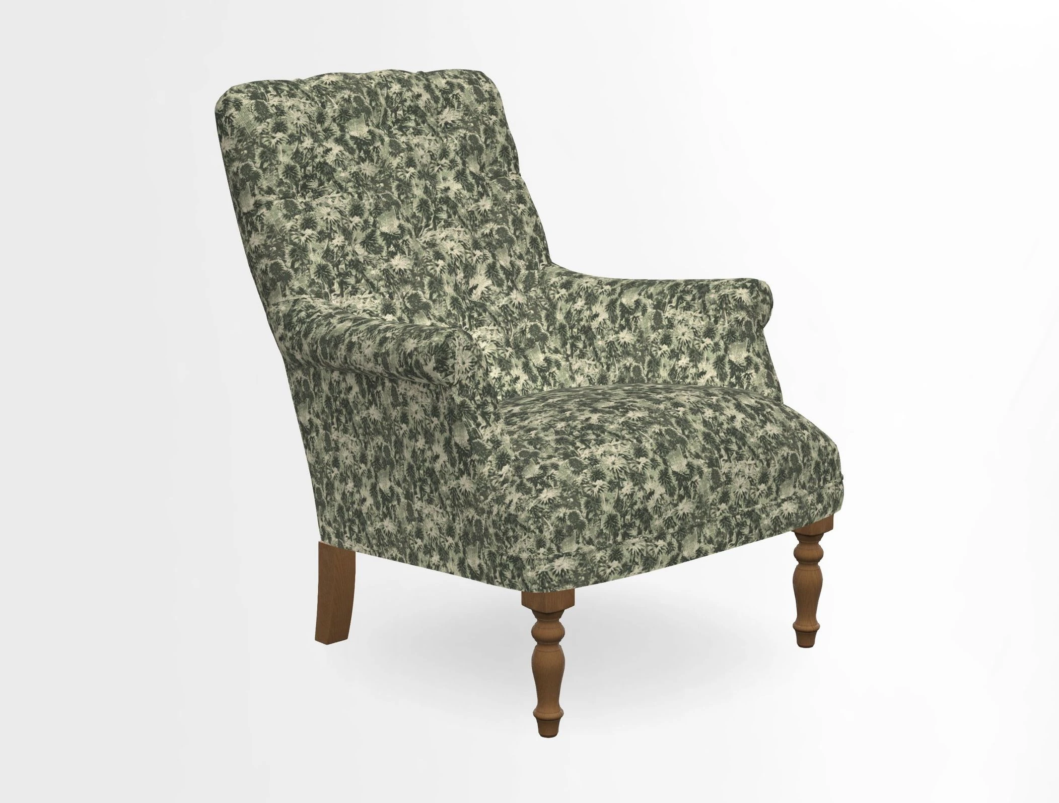 Snape Button Back chair in Spill Resistant V&A Bird & Rabbit Dark Green and Cube footstool in Spill Resistant RHS Etta's Stripe Ink