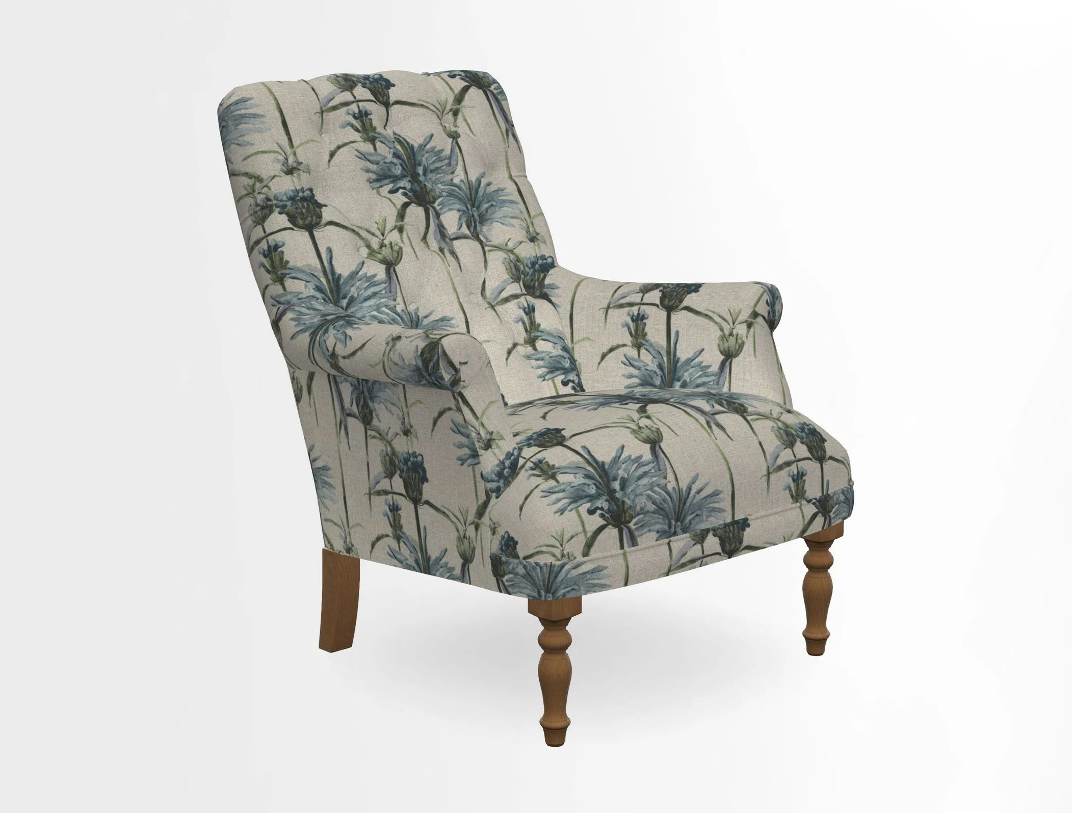 Snape Button Back chair in Spill Resistant V&A Bird & Rabbit Dark Green and Cube footstool in Spill Resistant RHS Etta's Stripe Ink