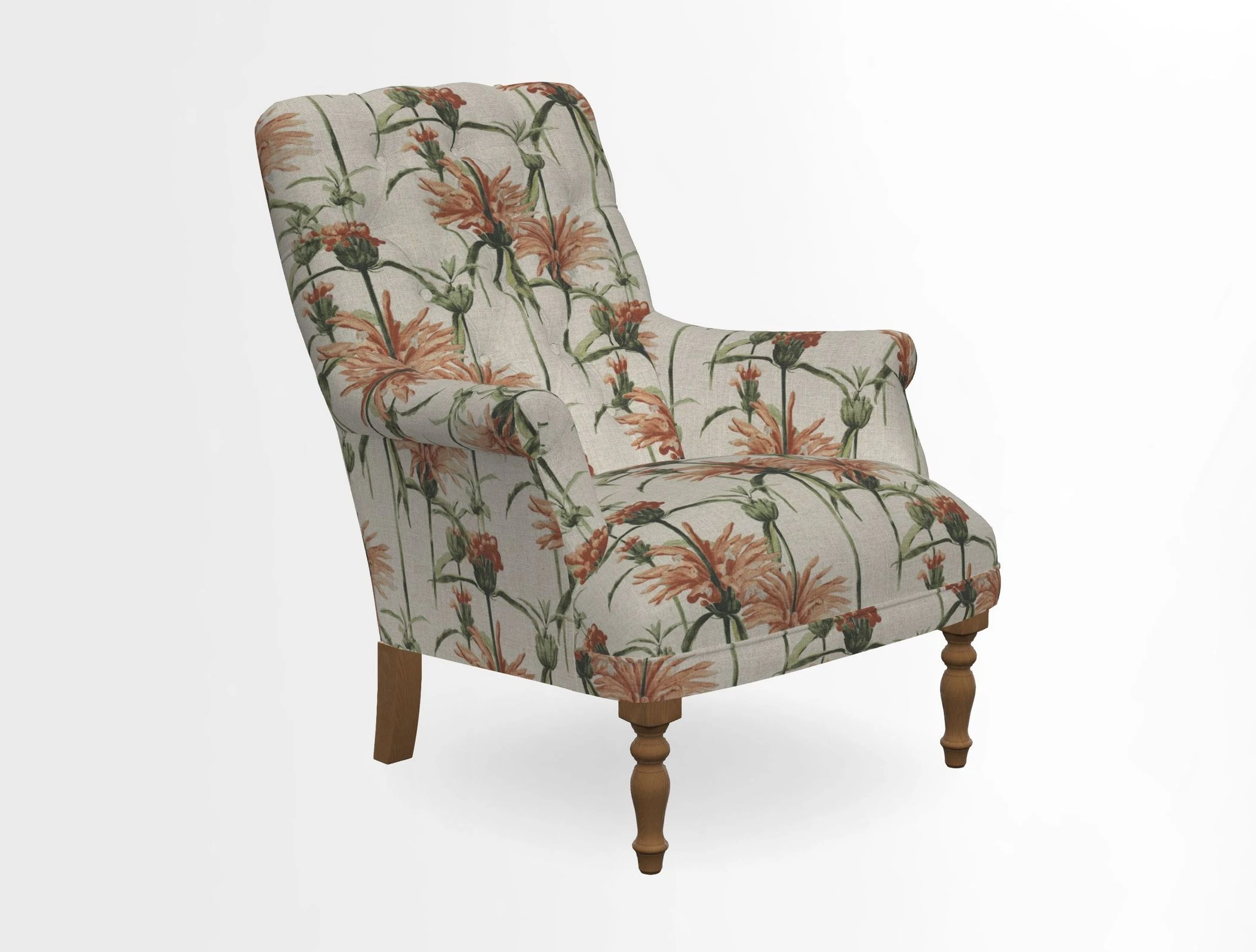 Snape Button Back chair in Spill Resistant V&A Bird & Rabbit Dark Green and Cube footstool in Spill Resistant RHS Etta's Stripe Ink