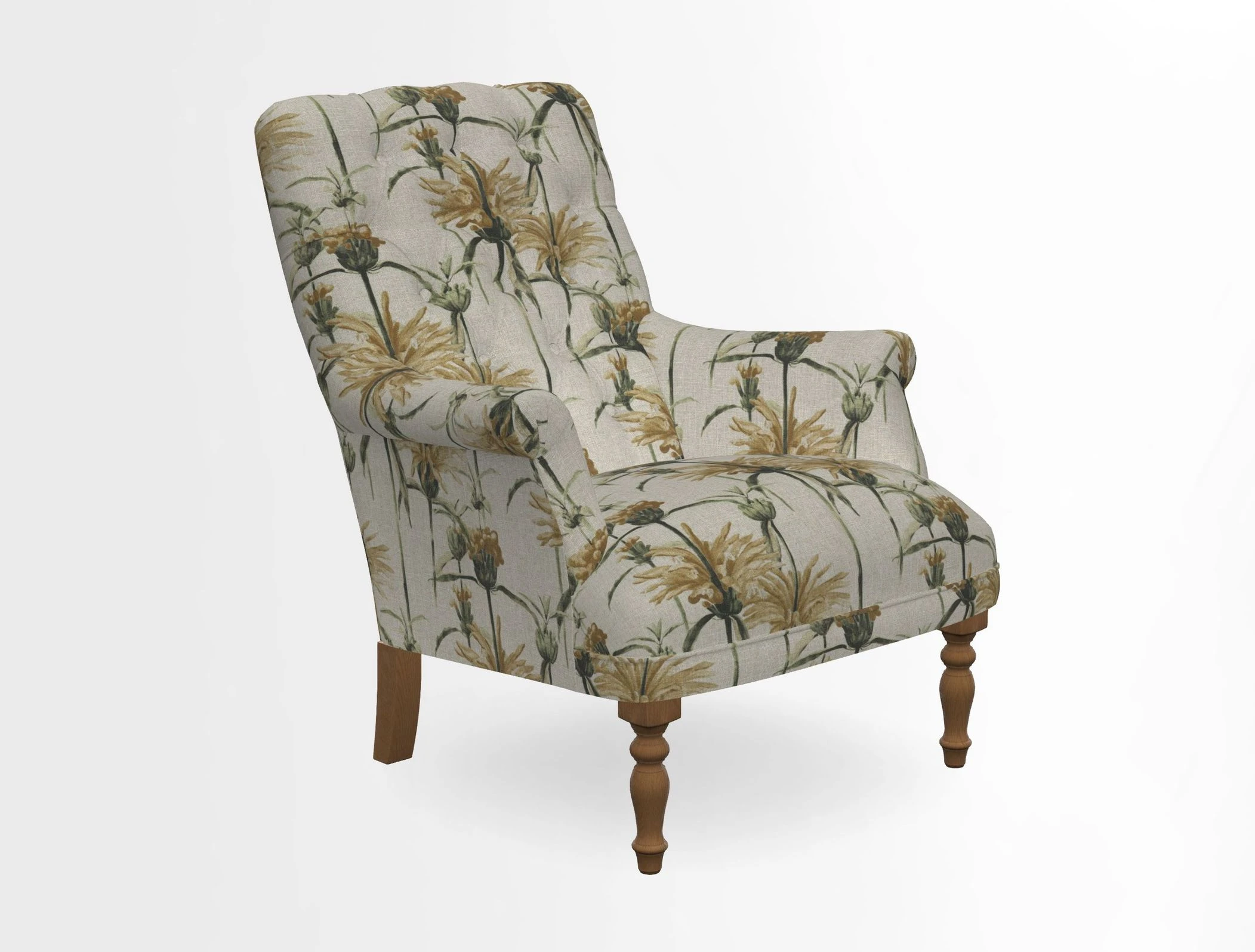 Snape Button Back chair in Spill Resistant V&A Bird & Rabbit Dark Green and Cube footstool in Spill Resistant RHS Etta's Stripe Ink