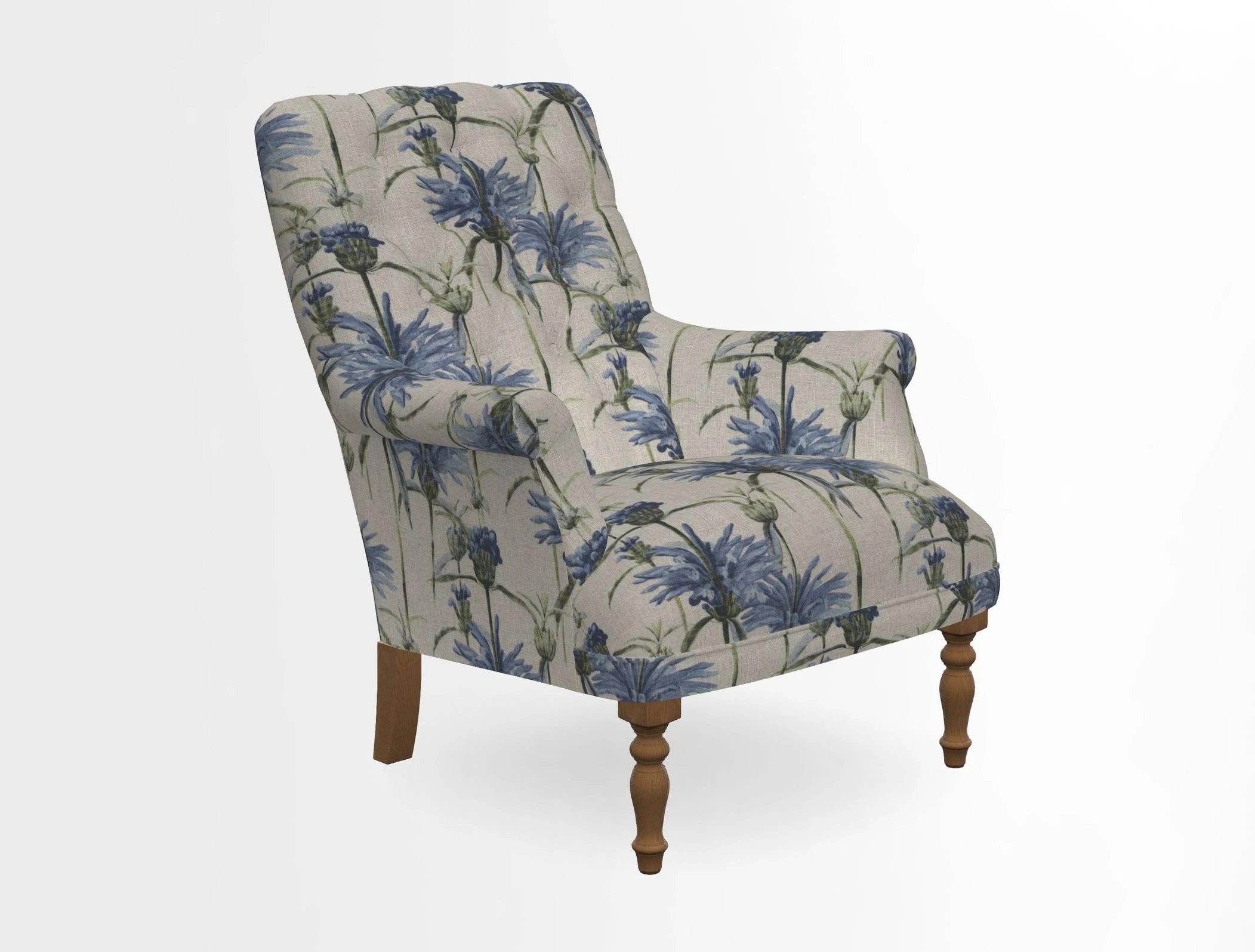 Snape Button Back chair in Spill Resistant V&A Bird & Rabbit Dark Green and Cube footstool in Spill Resistant RHS Etta's Stripe Ink