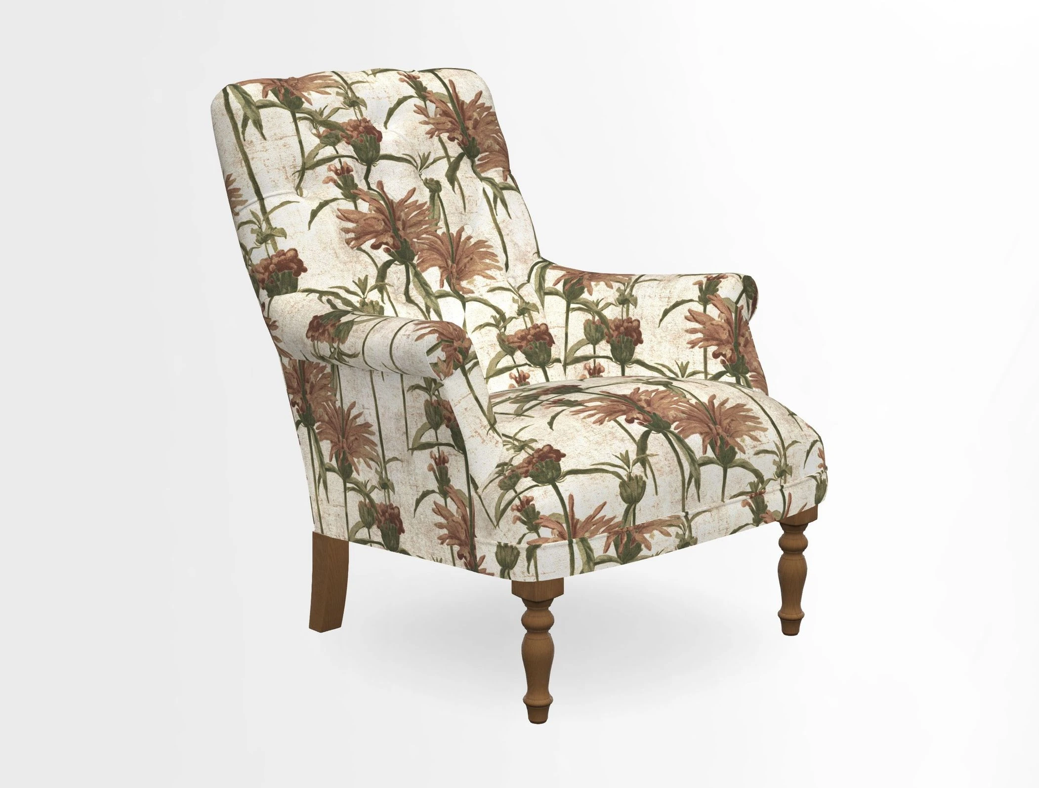 Snape Button Back chair in Spill Resistant V&A Bird & Rabbit Dark Green and Cube footstool in Spill Resistant RHS Etta's Stripe Ink