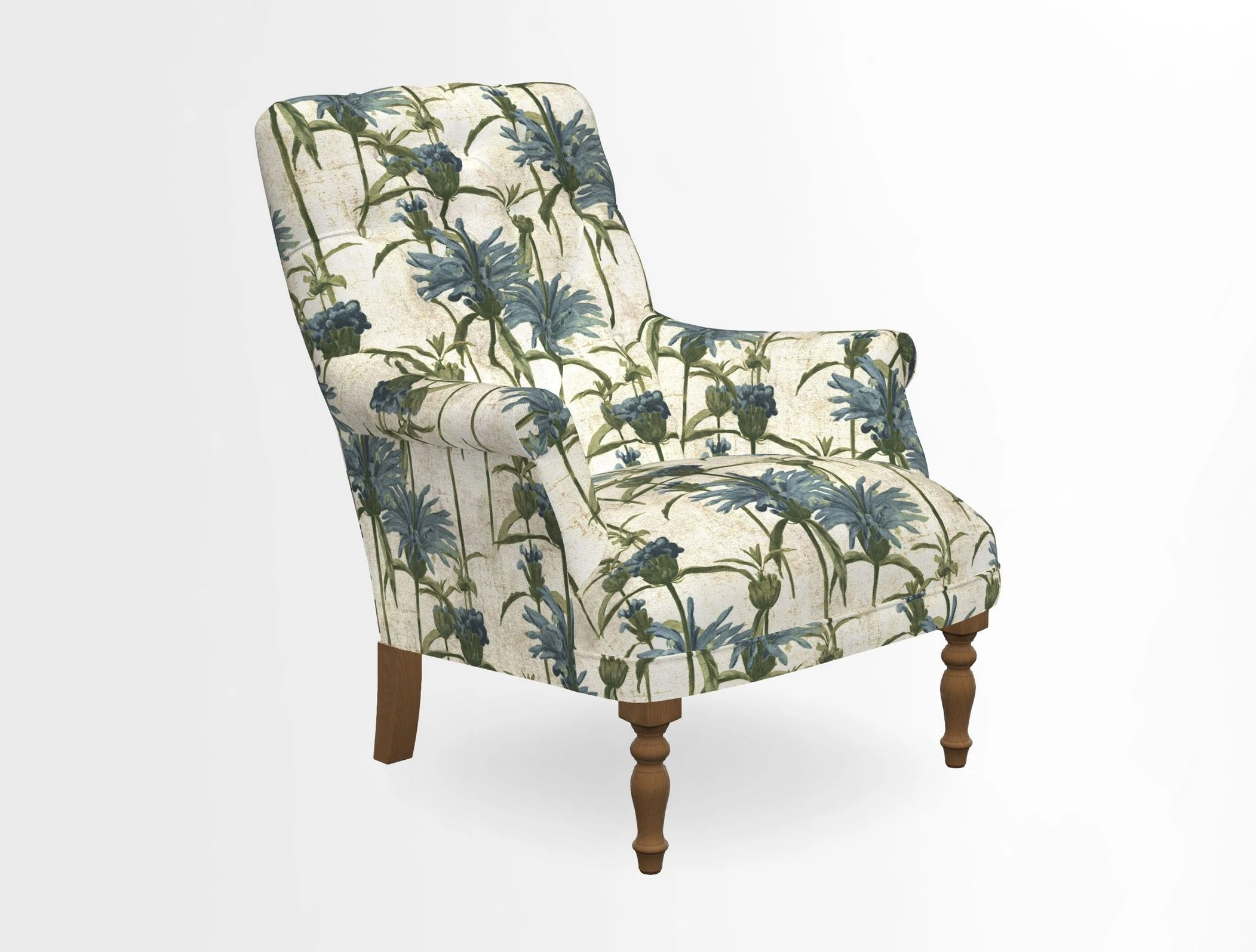 Snape Button Back chair in Spill Resistant V&A Bird & Rabbit Dark Green and Cube footstool in Spill Resistant RHS Etta's Stripe Ink