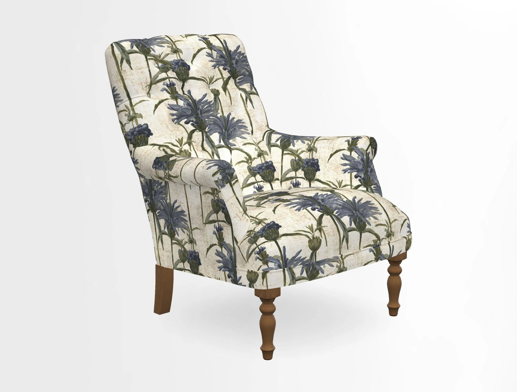 Snape Button Back chair in Spill Resistant V&A Bird & Rabbit Dark Green and Cube footstool in Spill Resistant RHS Etta's Stripe Ink