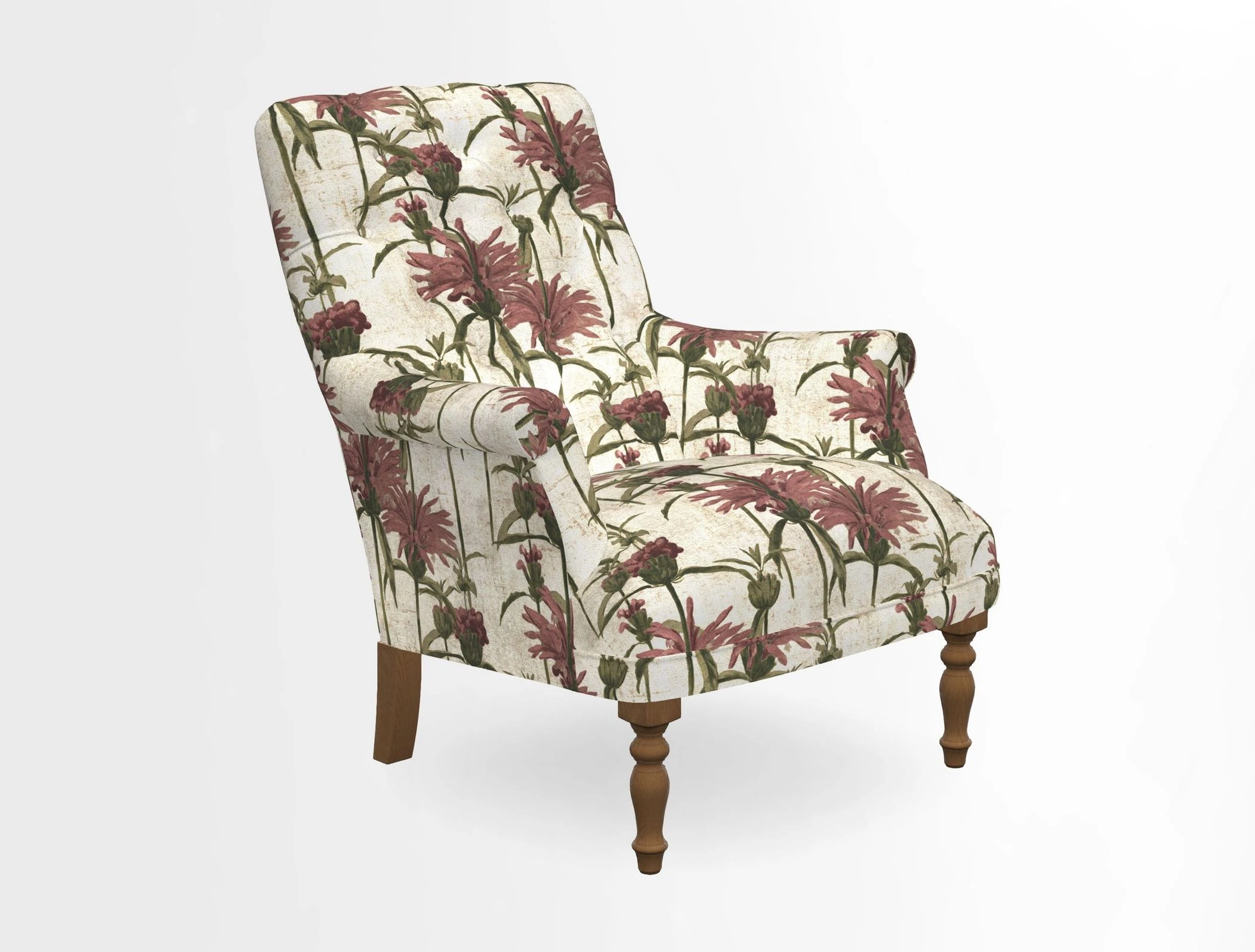 Snape Button Back chair in Spill Resistant V&A Bird & Rabbit Dark Green and Cube footstool in Spill Resistant RHS Etta's Stripe Ink