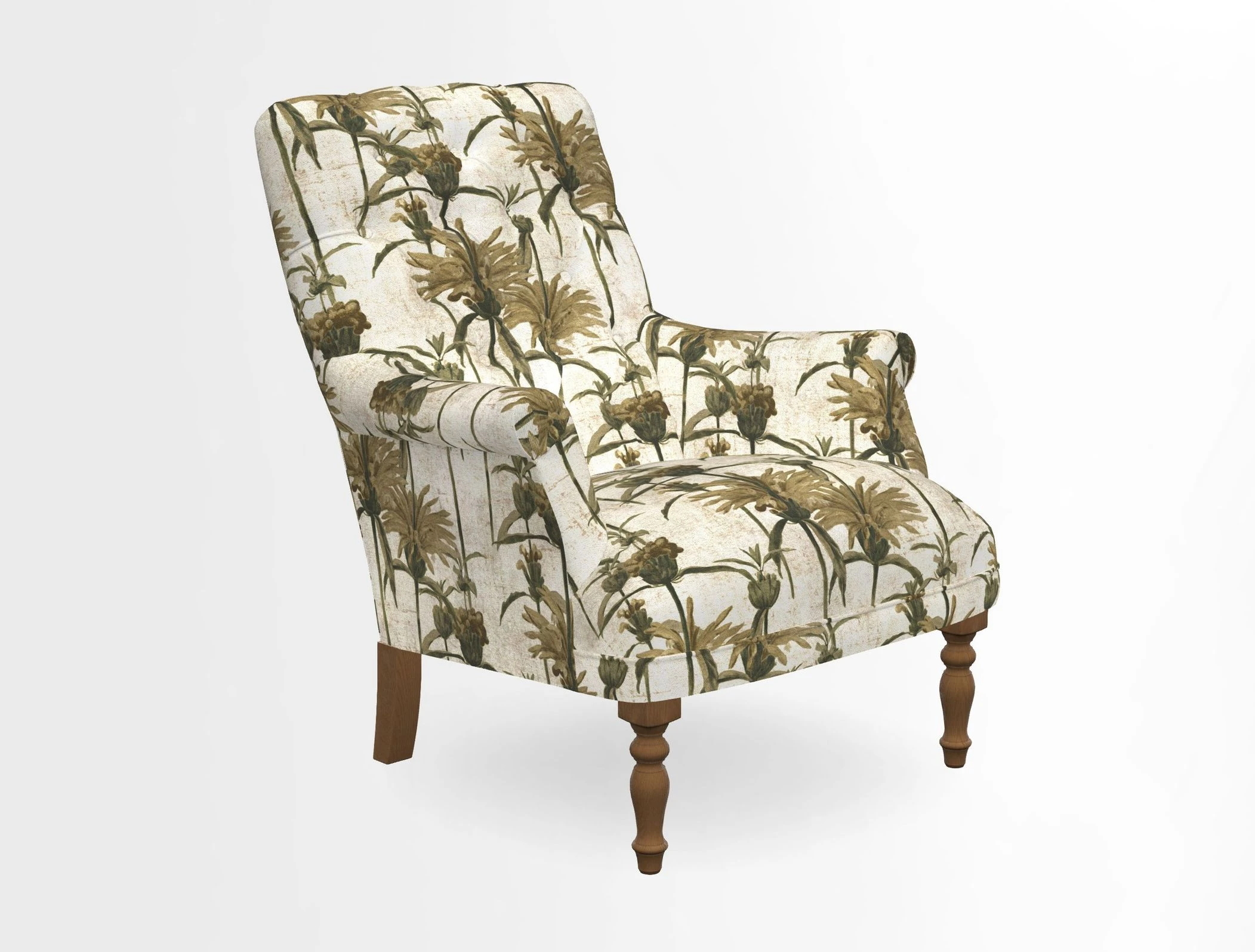 Snape Button Back chair in Spill Resistant V&A Bird & Rabbit Dark Green and Cube footstool in Spill Resistant RHS Etta's Stripe Ink