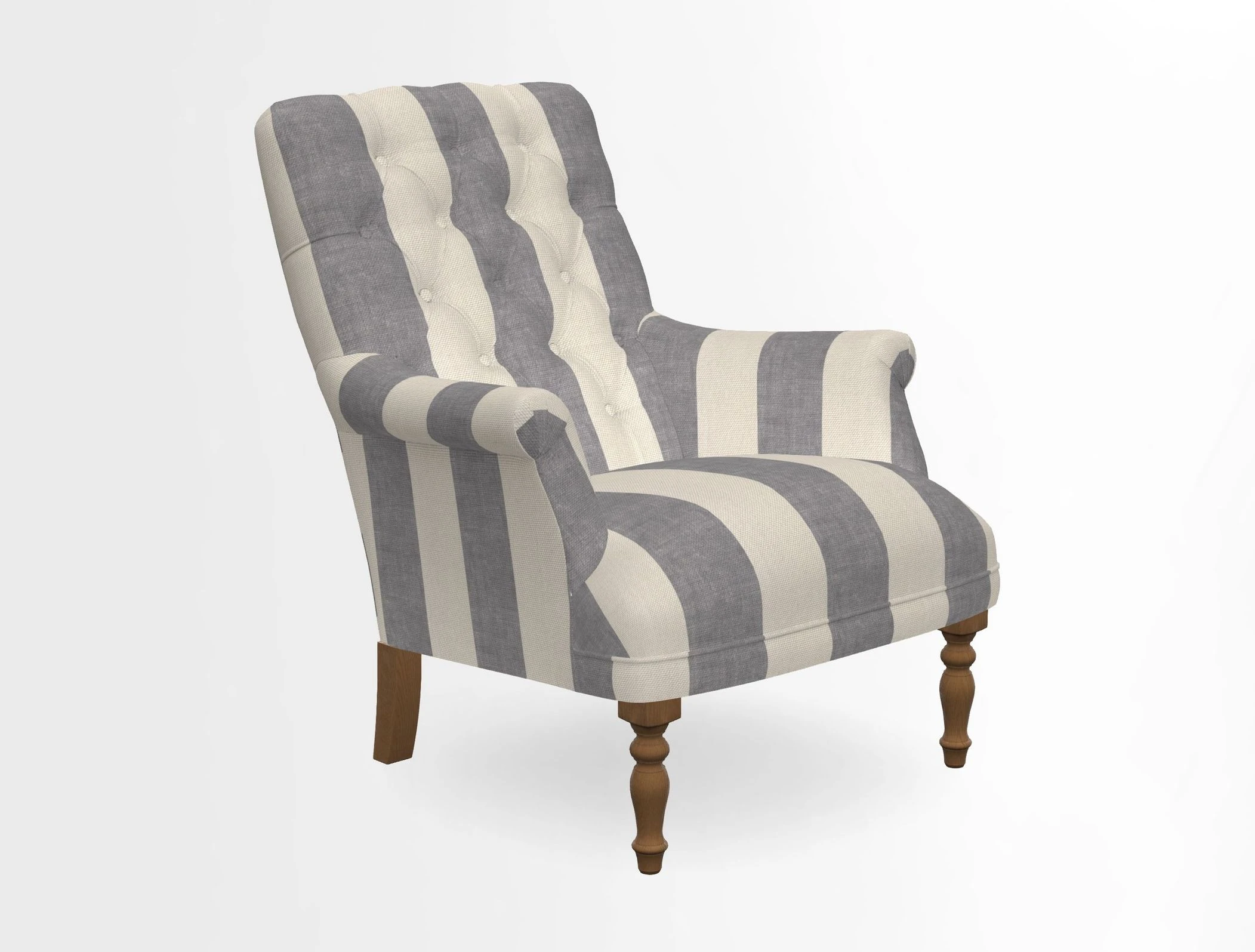 Snape Button Back chair in Spill Resistant V&A Bird & Rabbit Dark Green and Cube footstool in Spill Resistant RHS Etta's Stripe Ink