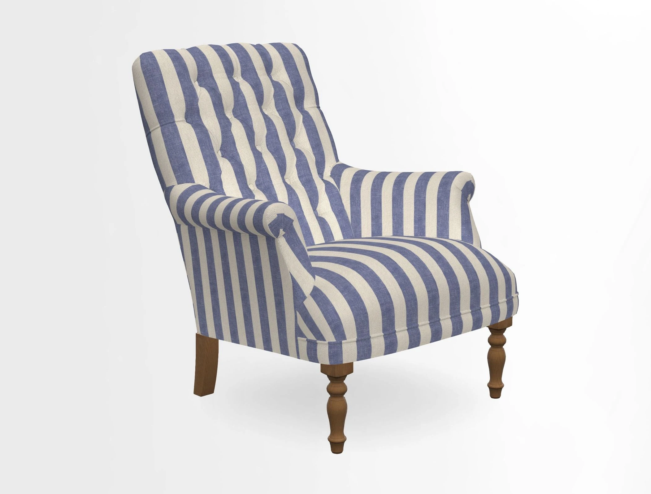Snape Button Back chair in Spill Resistant V&A Bird & Rabbit Dark Green and Cube footstool in Spill Resistant RHS Etta's Stripe Ink