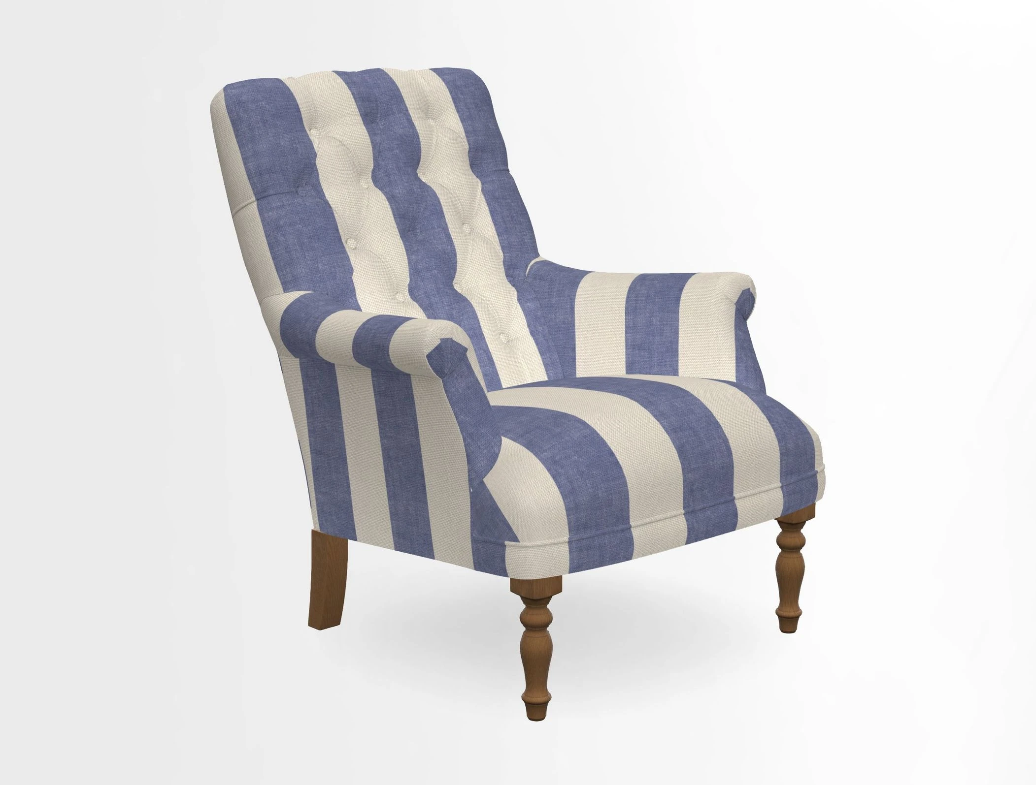 Snape Button Back chair in Spill Resistant V&A Bird & Rabbit Dark Green and Cube footstool in Spill Resistant RHS Etta's Stripe Ink