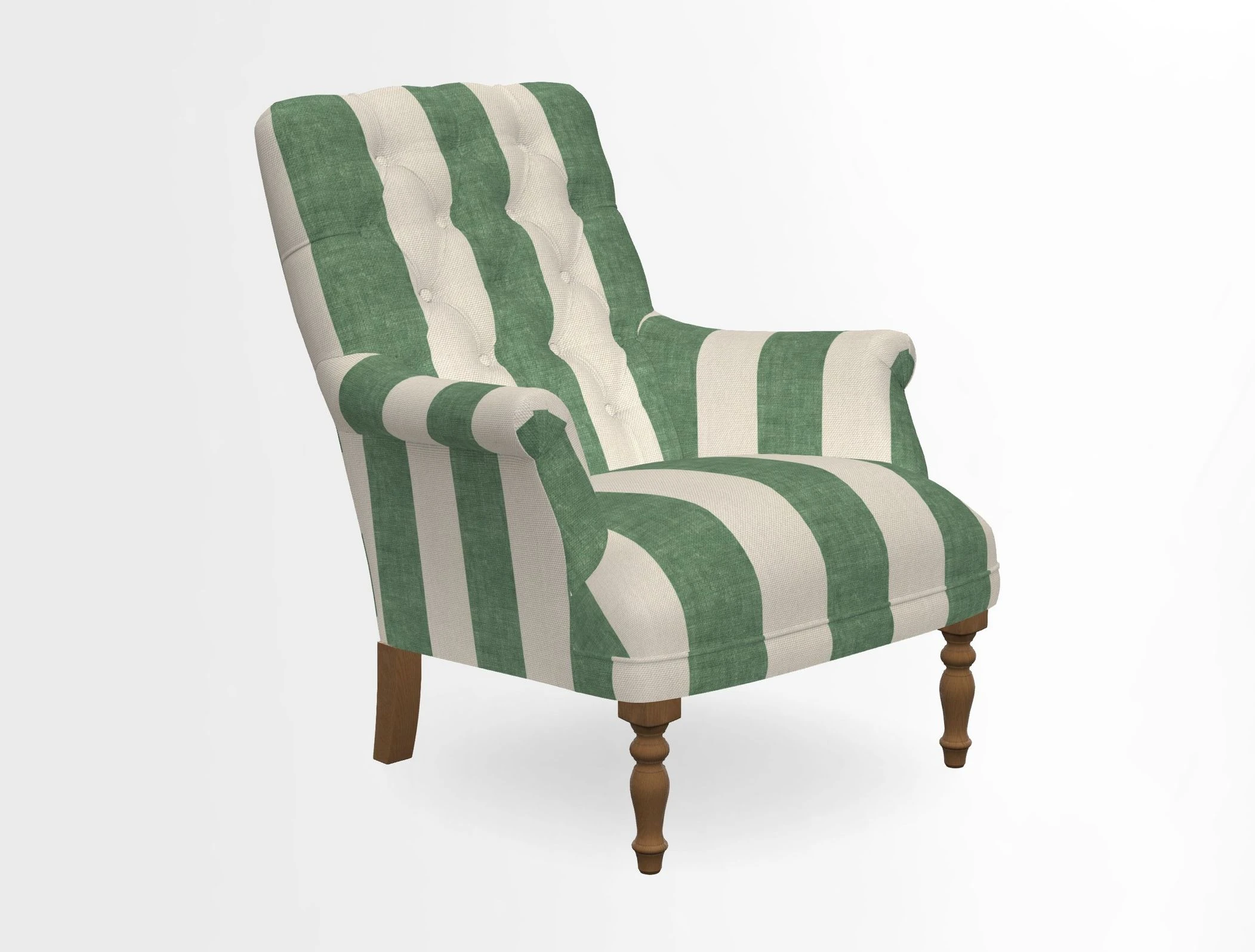 Snape Button Back chair in Spill Resistant V&A Bird & Rabbit Dark Green and Cube footstool in Spill Resistant RHS Etta's Stripe Ink