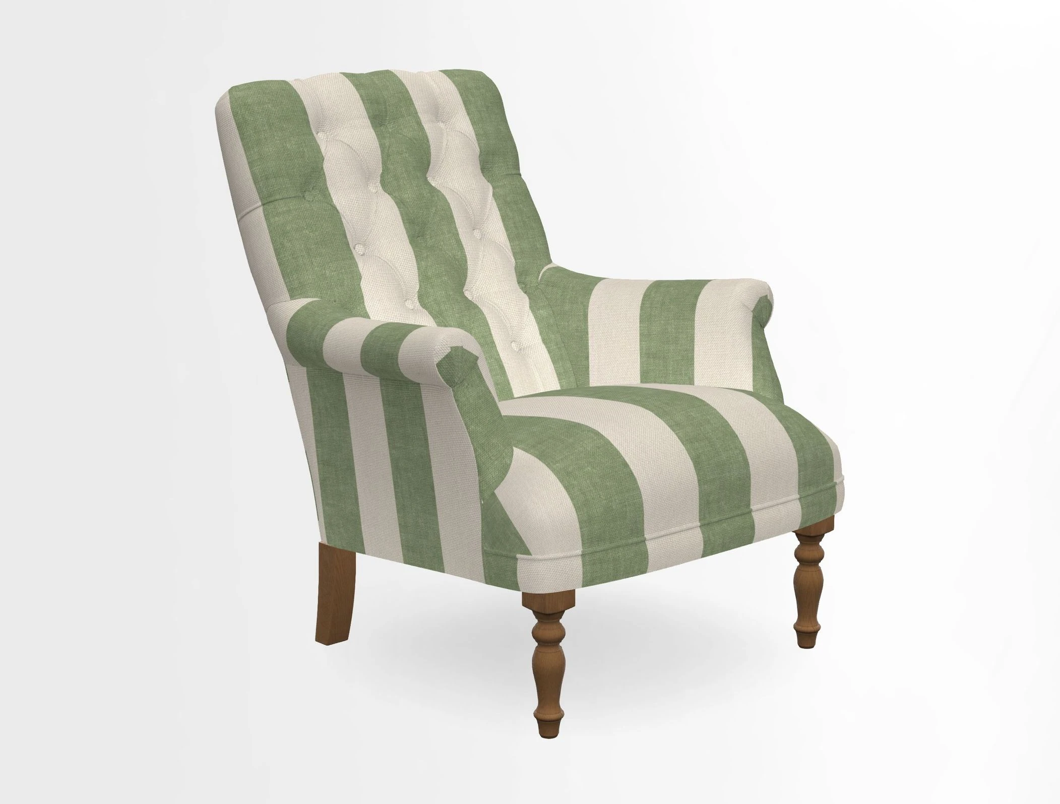 Snape Button Back chair in Spill Resistant V&A Bird & Rabbit Dark Green and Cube footstool in Spill Resistant RHS Etta's Stripe Ink