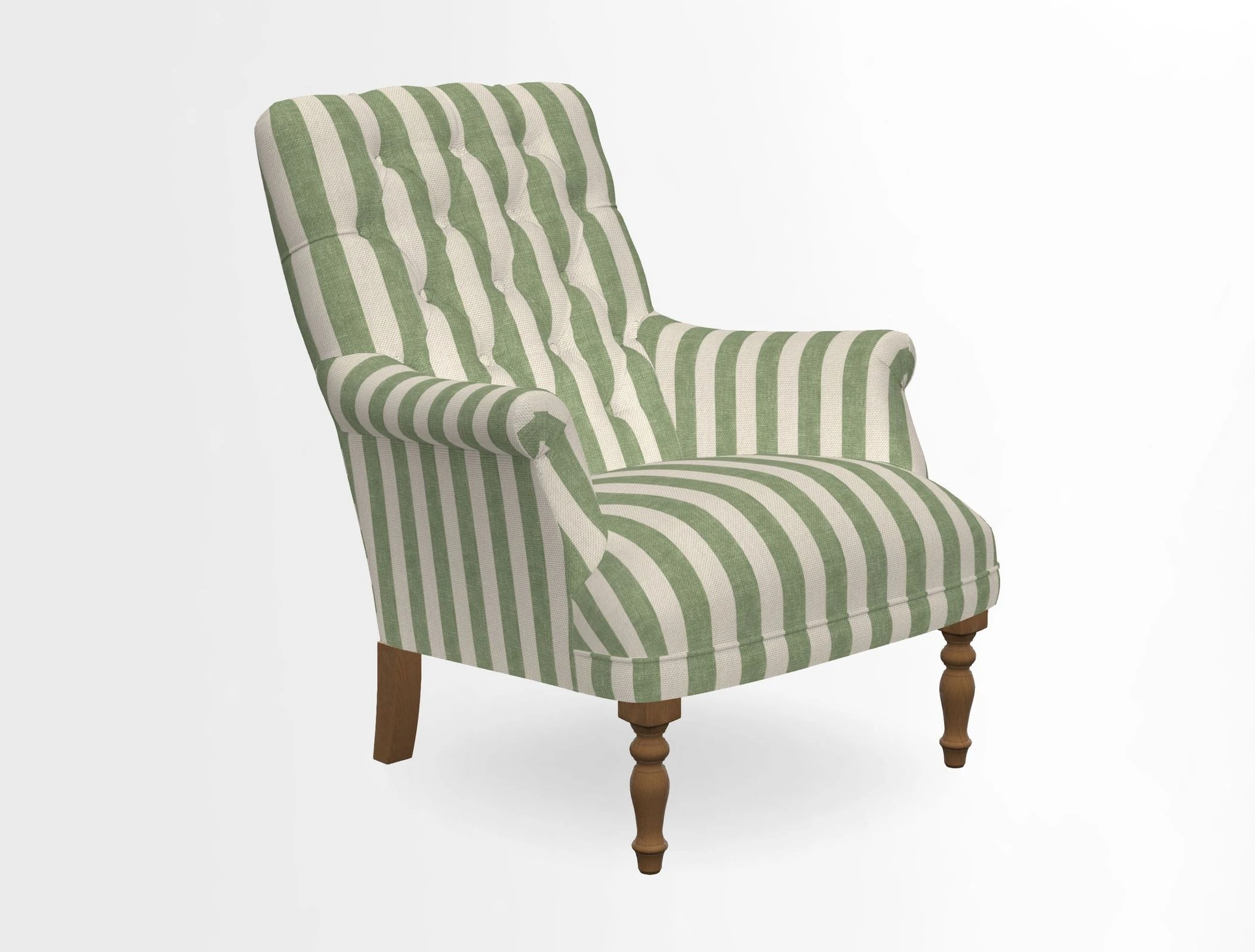 Snape Button Back chair in Spill Resistant V&A Bird & Rabbit Dark Green and Cube footstool in Spill Resistant RHS Etta's Stripe Ink