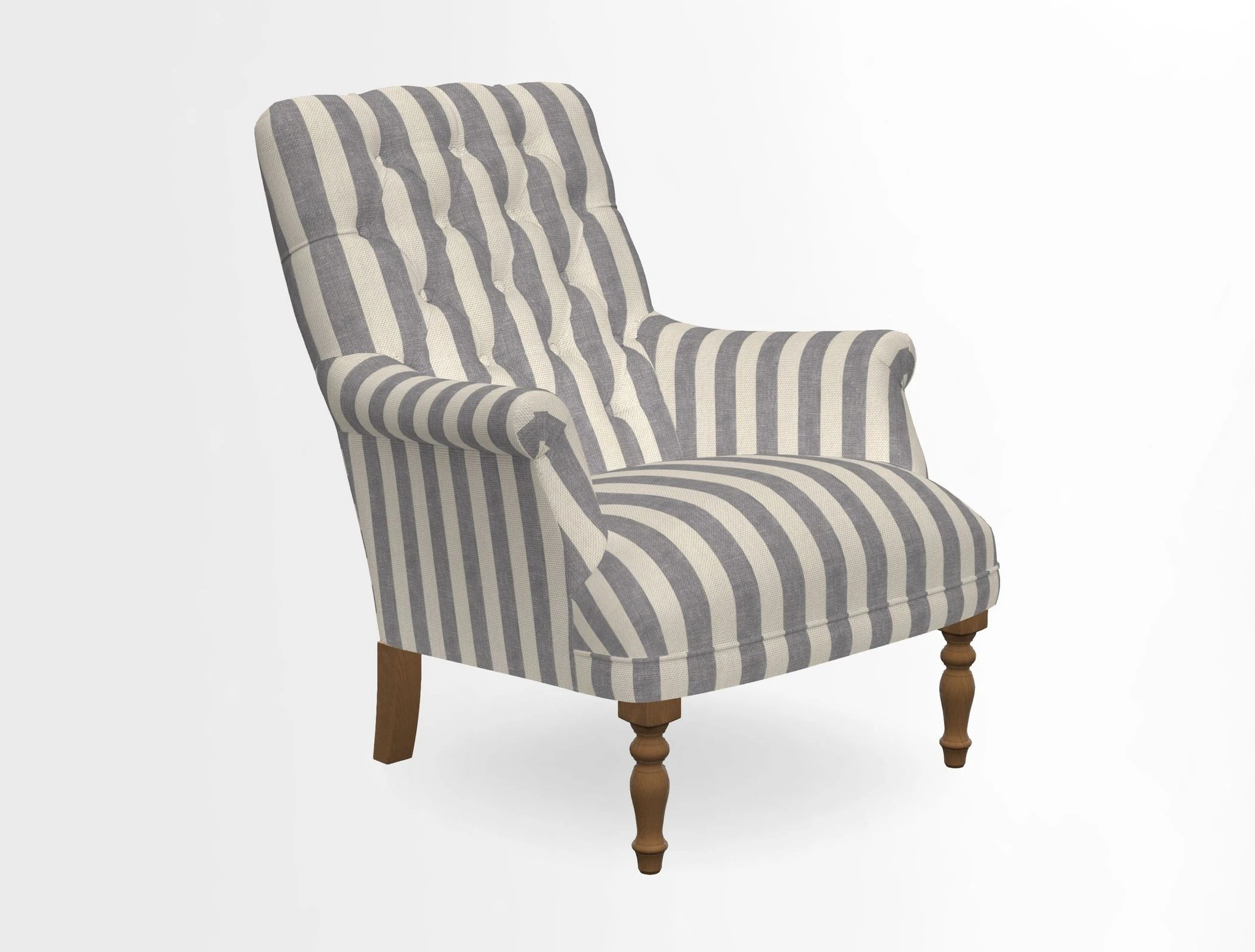 Snape Button Back chair in Spill Resistant V&A Bird & Rabbit Dark Green and Cube footstool in Spill Resistant RHS Etta's Stripe Ink