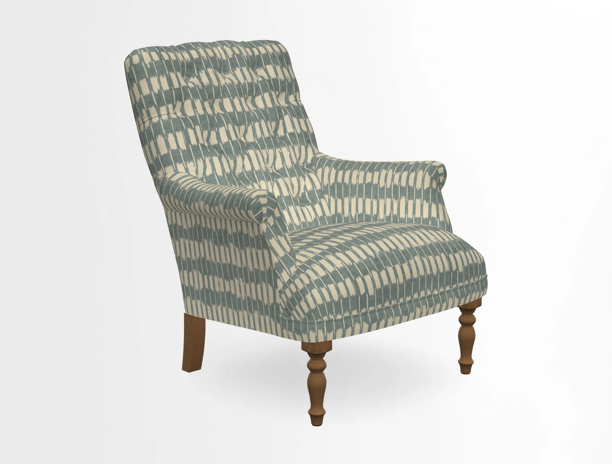Snape Button Back chair in Spill Resistant V&A Bird & Rabbit Dark Green and Cube footstool in Spill Resistant RHS Etta's Stripe Ink