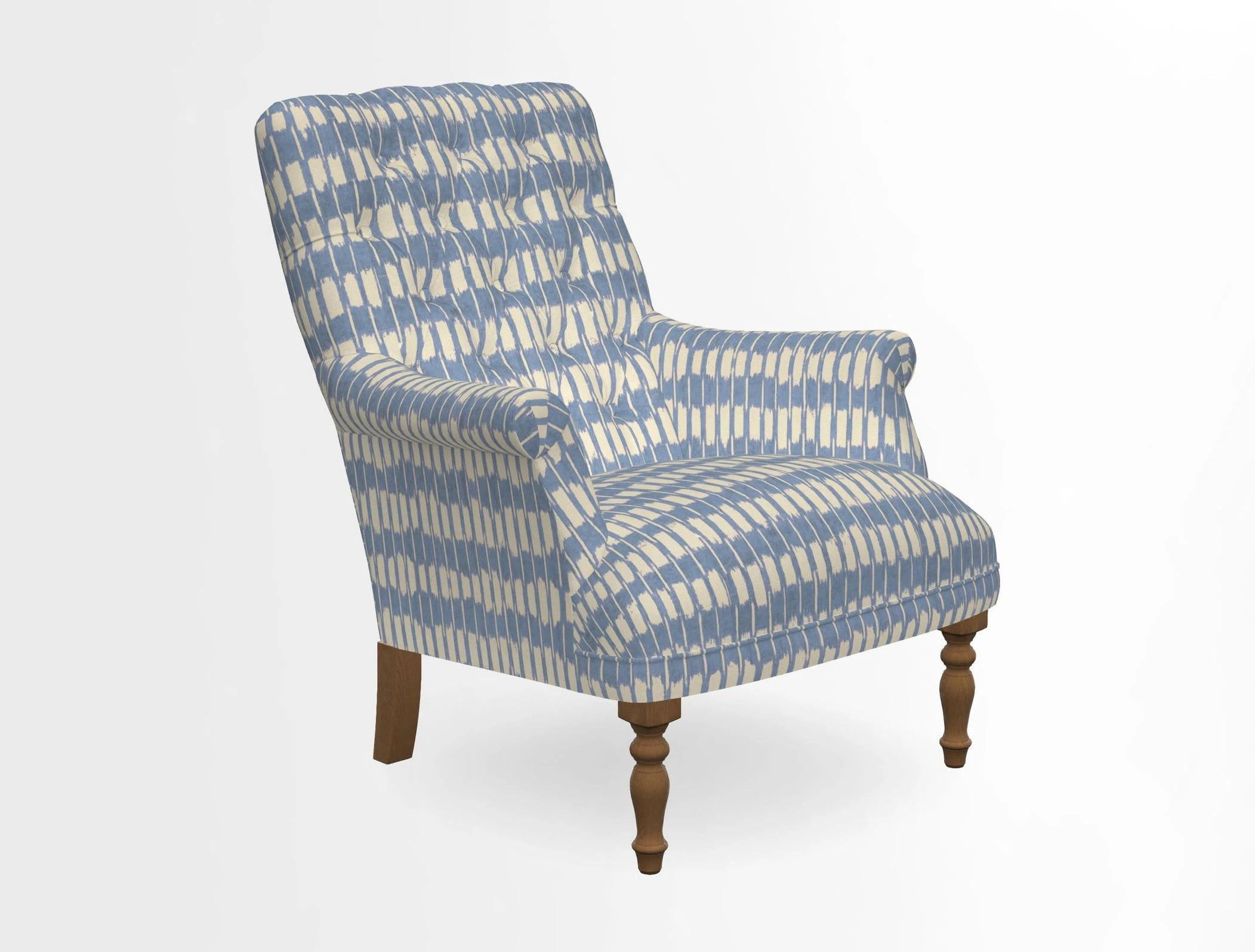 Snape Button Back chair in Spill Resistant V&A Bird & Rabbit Dark Green and Cube footstool in Spill Resistant RHS Etta's Stripe Ink
