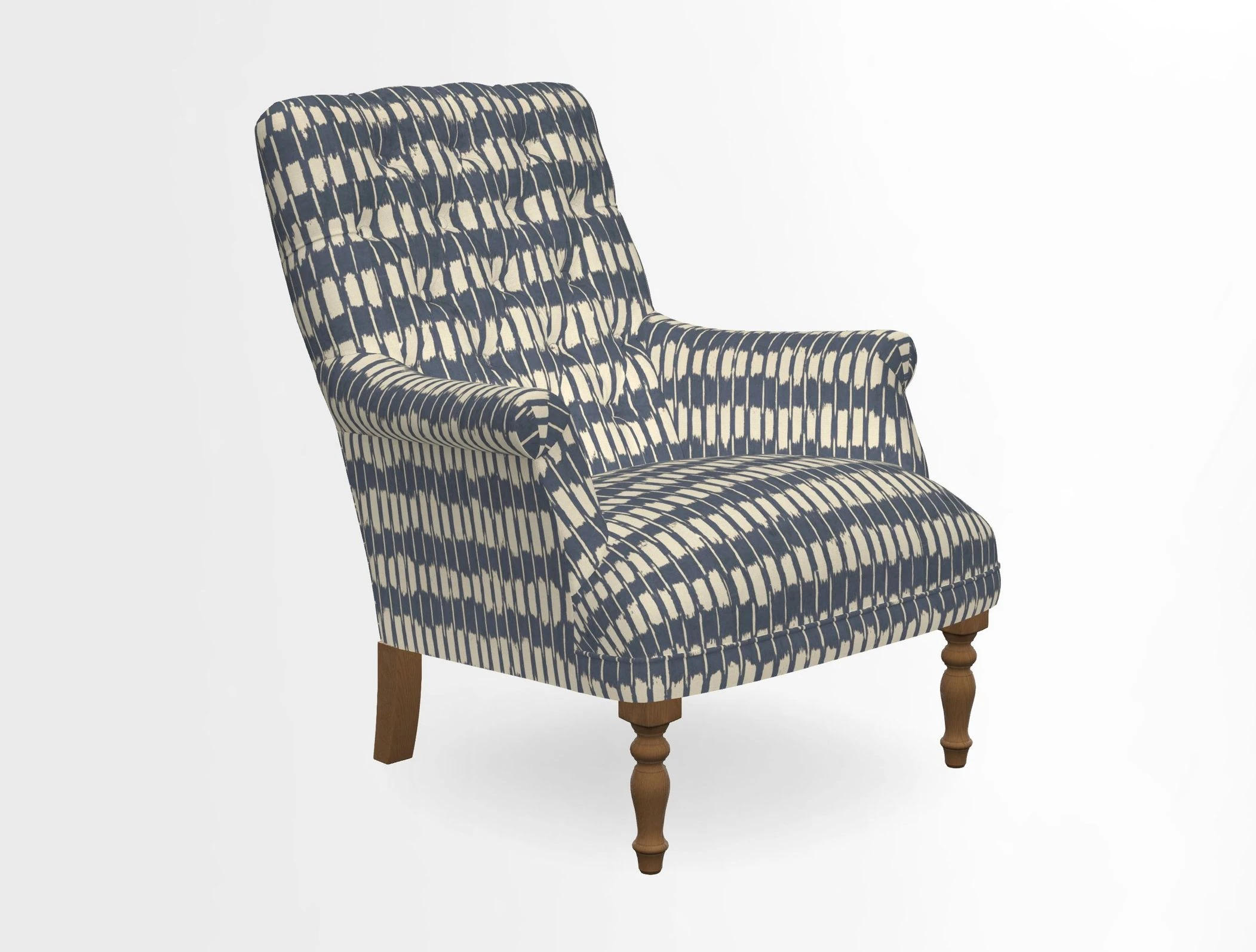 Snape Button Back chair in Spill Resistant V&A Bird & Rabbit Dark Green and Cube footstool in Spill Resistant RHS Etta's Stripe Ink