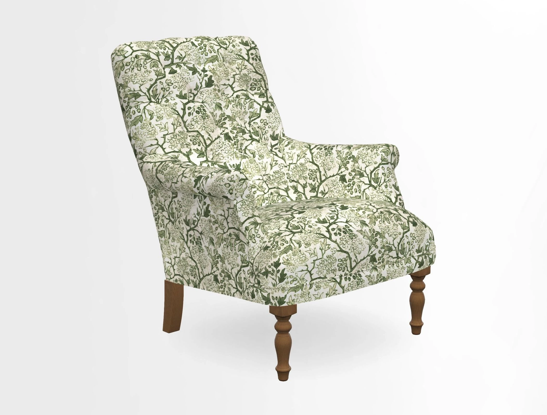 Snape Button Back chair in Spill Resistant V&A Bird & Rabbit Dark Green and Cube footstool in Spill Resistant RHS Etta's Stripe Ink