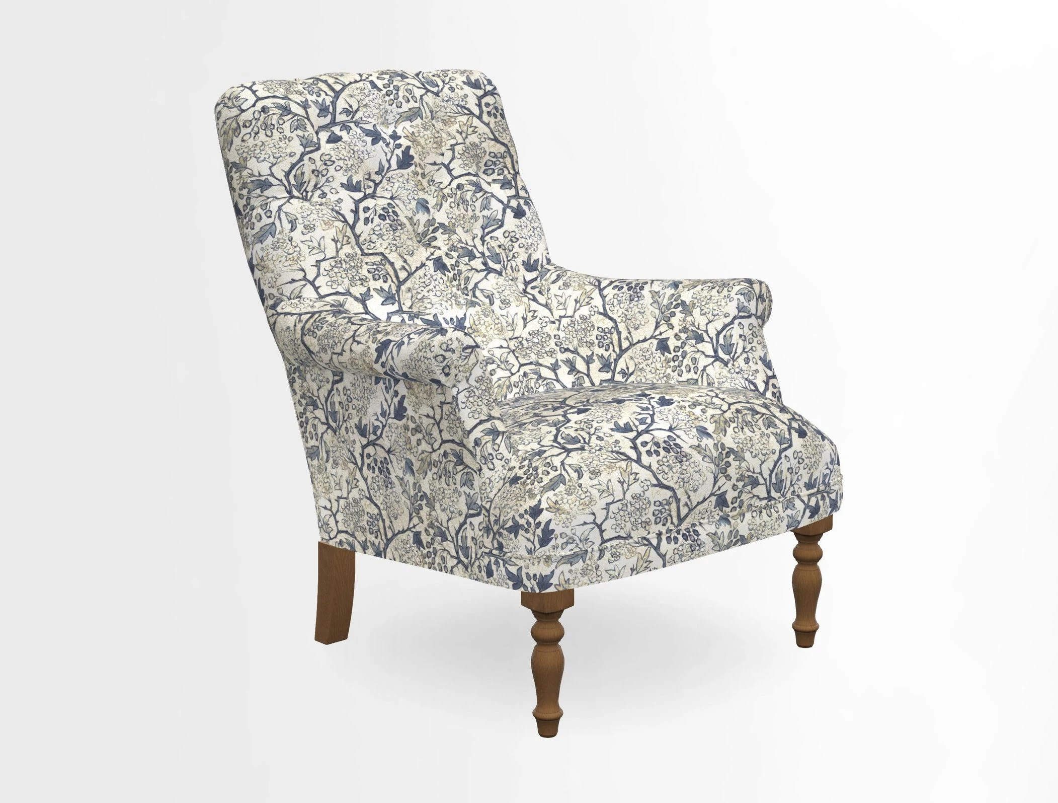 Snape Button Back chair in Spill Resistant V&A Bird & Rabbit Dark Green and Cube footstool in Spill Resistant RHS Etta's Stripe Ink