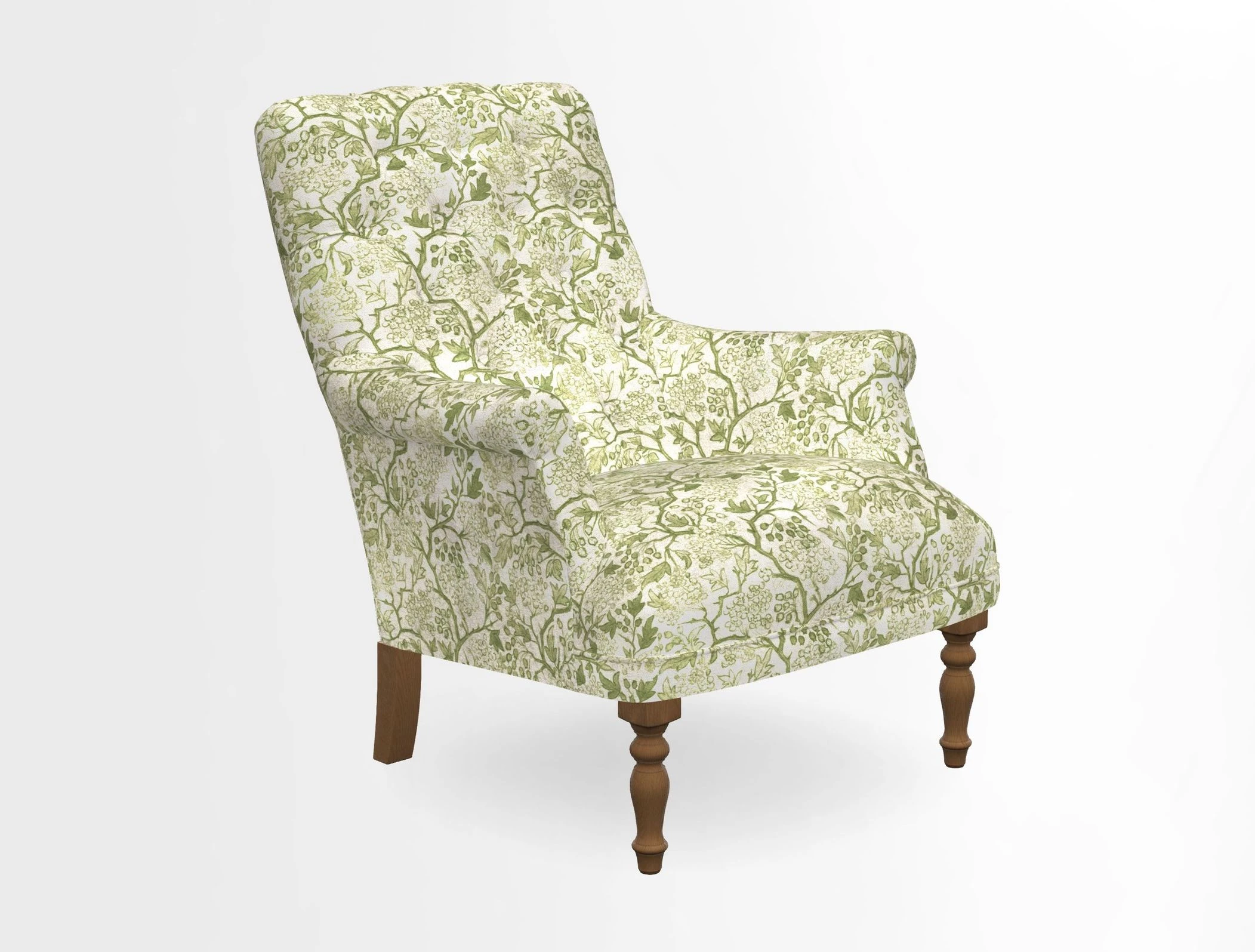 Snape Button Back chair in Spill Resistant V&A Bird & Rabbit Dark Green and Cube footstool in Spill Resistant RHS Etta's Stripe Ink