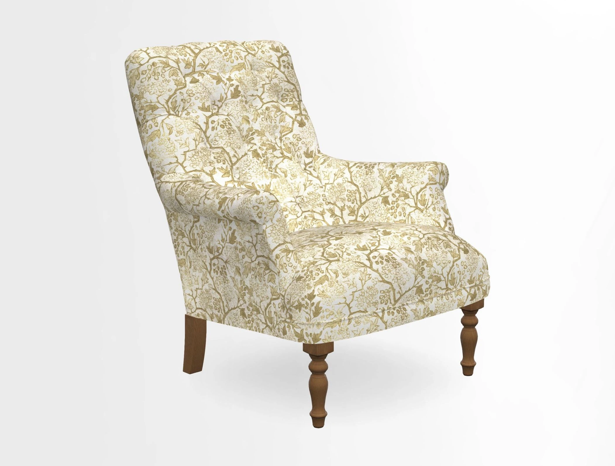 Snape Button Back chair in Spill Resistant V&A Bird & Rabbit Dark Green and Cube footstool in Spill Resistant RHS Etta's Stripe Ink