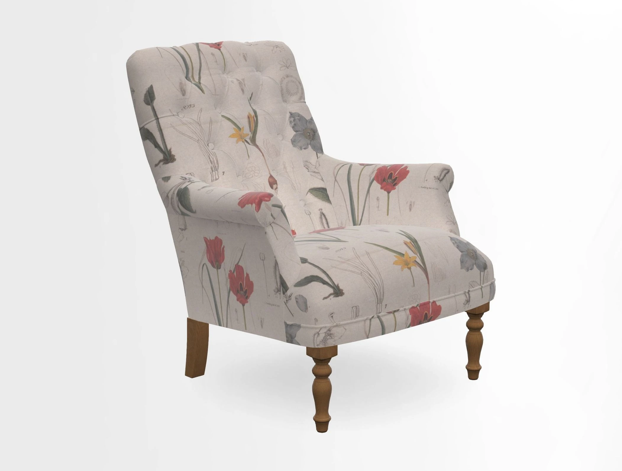 Snape Button Back chair in Spill Resistant V&A Bird & Rabbit Dark Green and Cube footstool in Spill Resistant RHS Etta's Stripe Ink