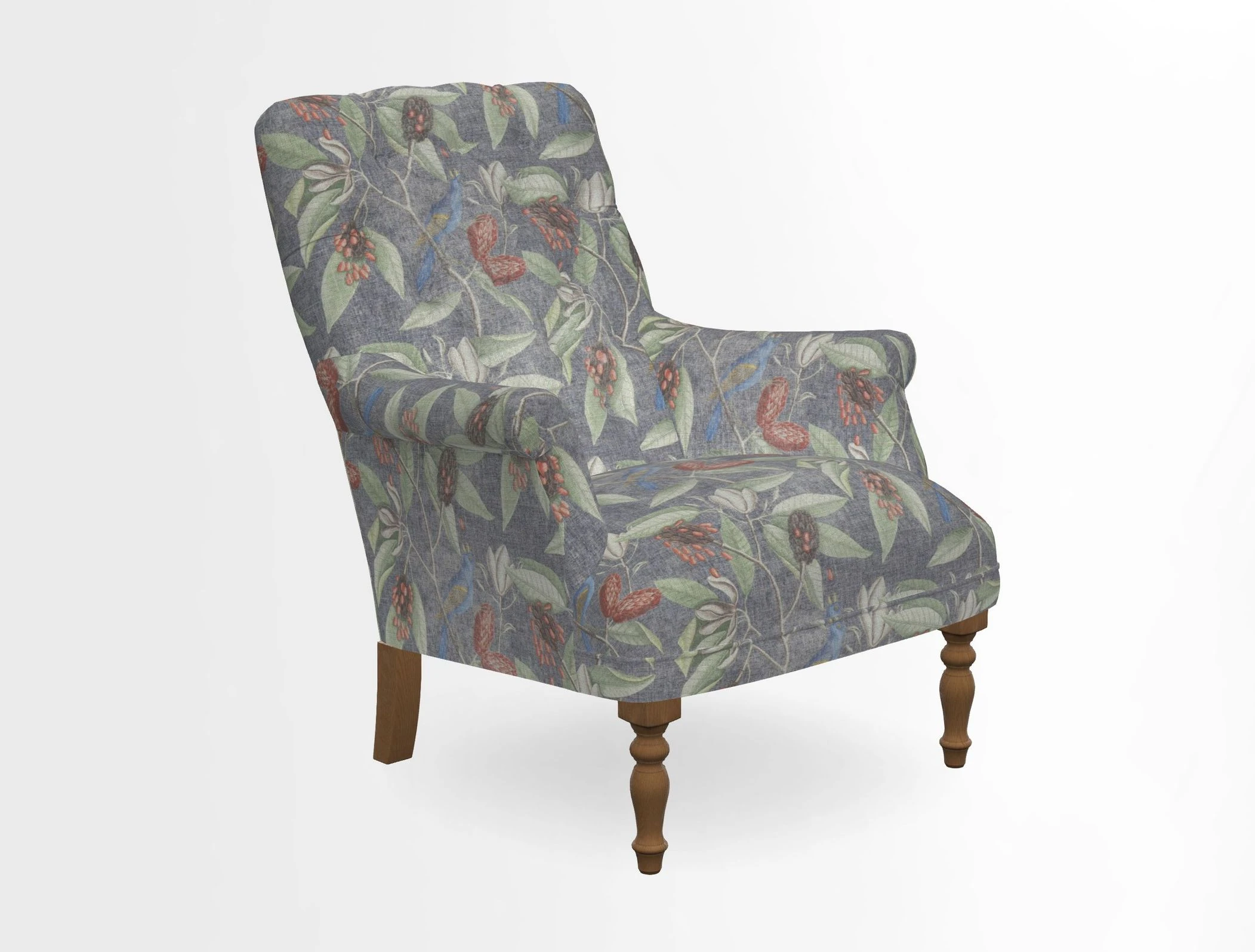 Snape Button Back chair in Spill Resistant V&A Bird & Rabbit Dark Green and Cube footstool in Spill Resistant RHS Etta's Stripe Ink