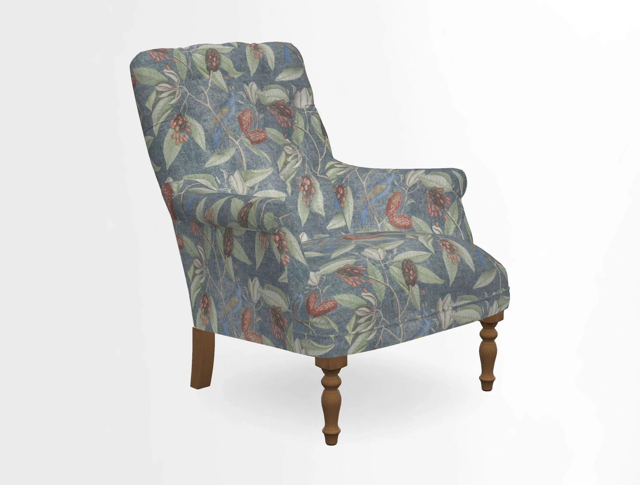 Snape Button Back chair in Spill Resistant V&A Bird & Rabbit Dark Green and Cube footstool in Spill Resistant RHS Etta's Stripe Ink