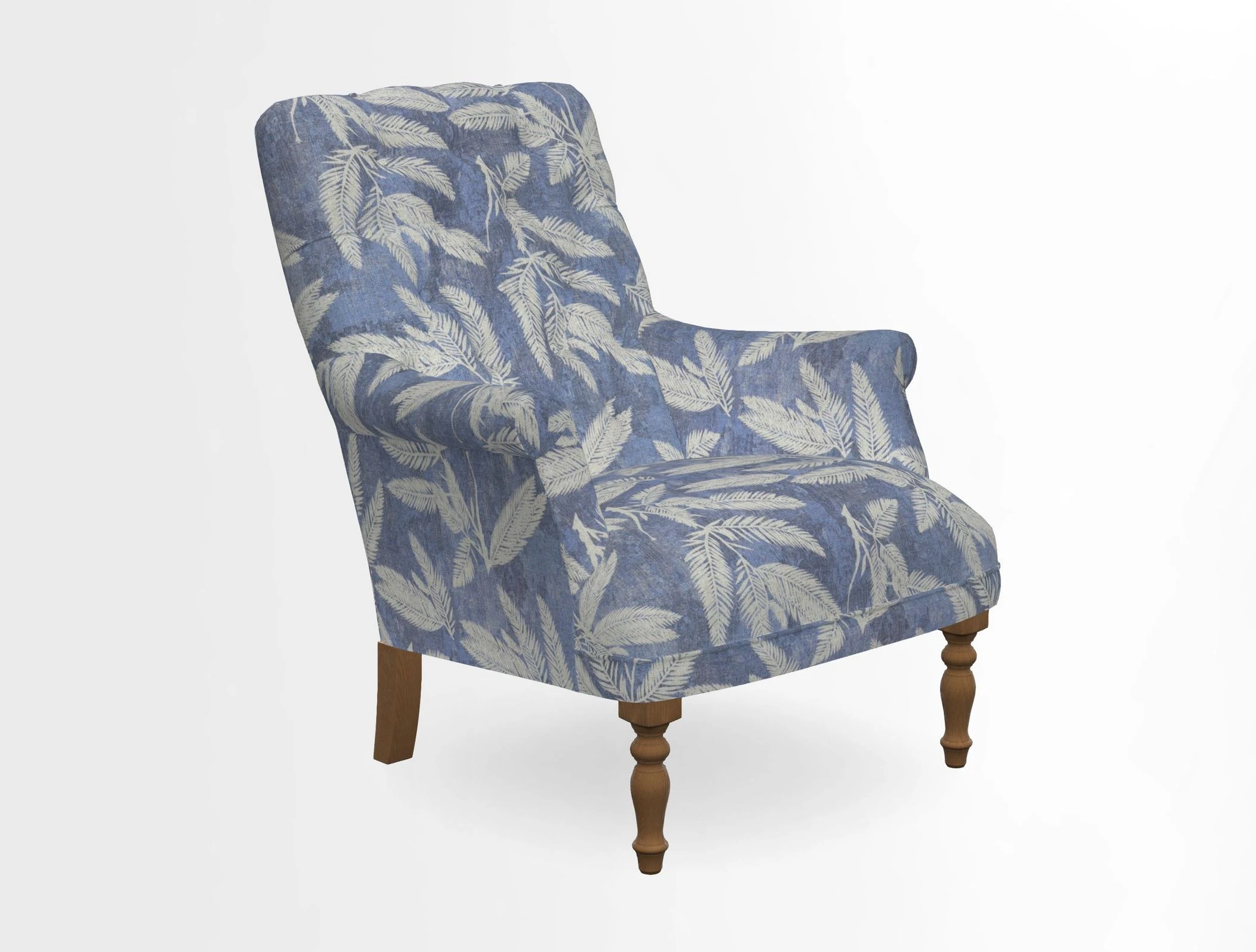 Snape Button Back chair in Spill Resistant V&A Bird & Rabbit Dark Green and Cube footstool in Spill Resistant RHS Etta's Stripe Ink