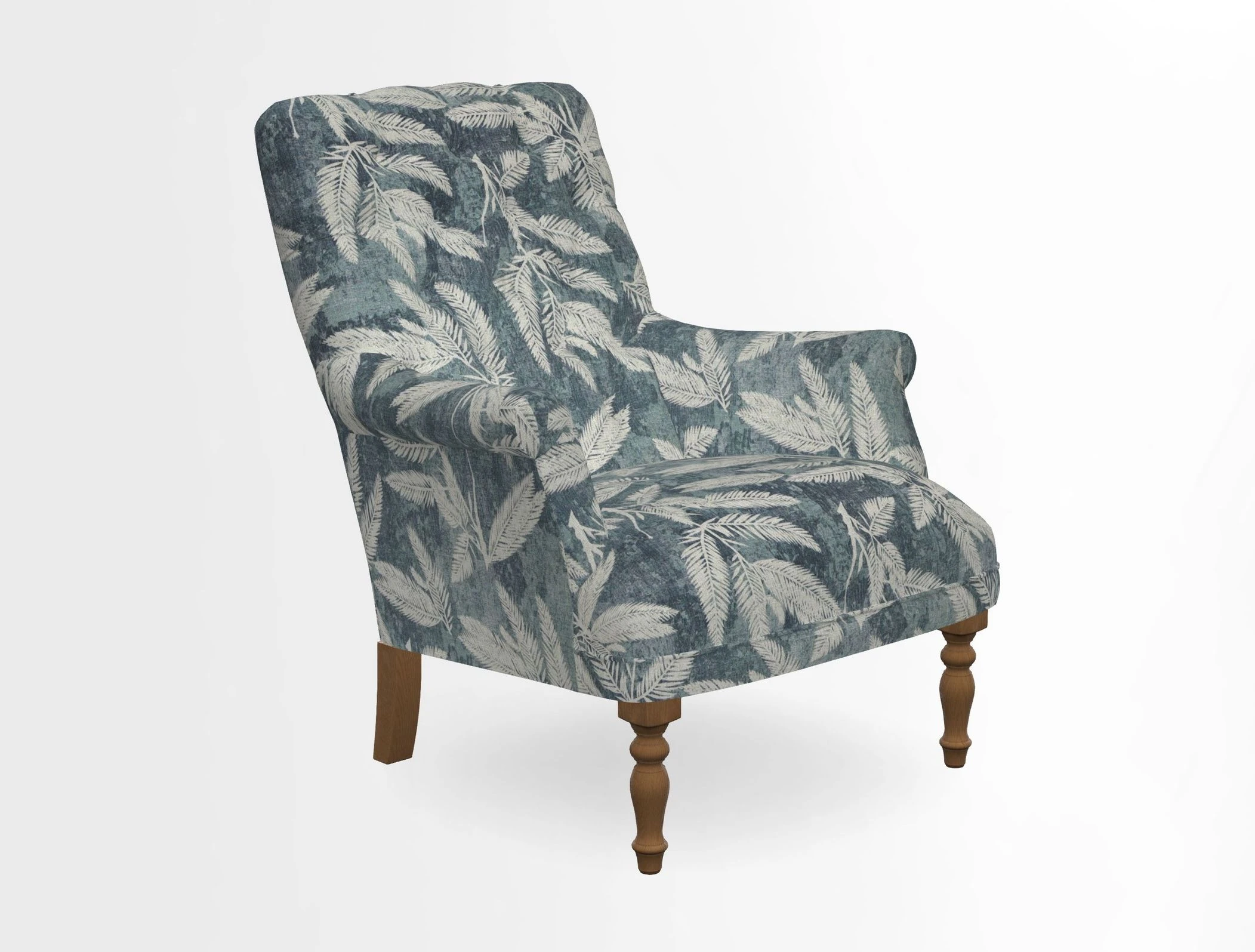 Snape Button Back chair in Spill Resistant V&A Bird & Rabbit Dark Green and Cube footstool in Spill Resistant RHS Etta's Stripe Ink