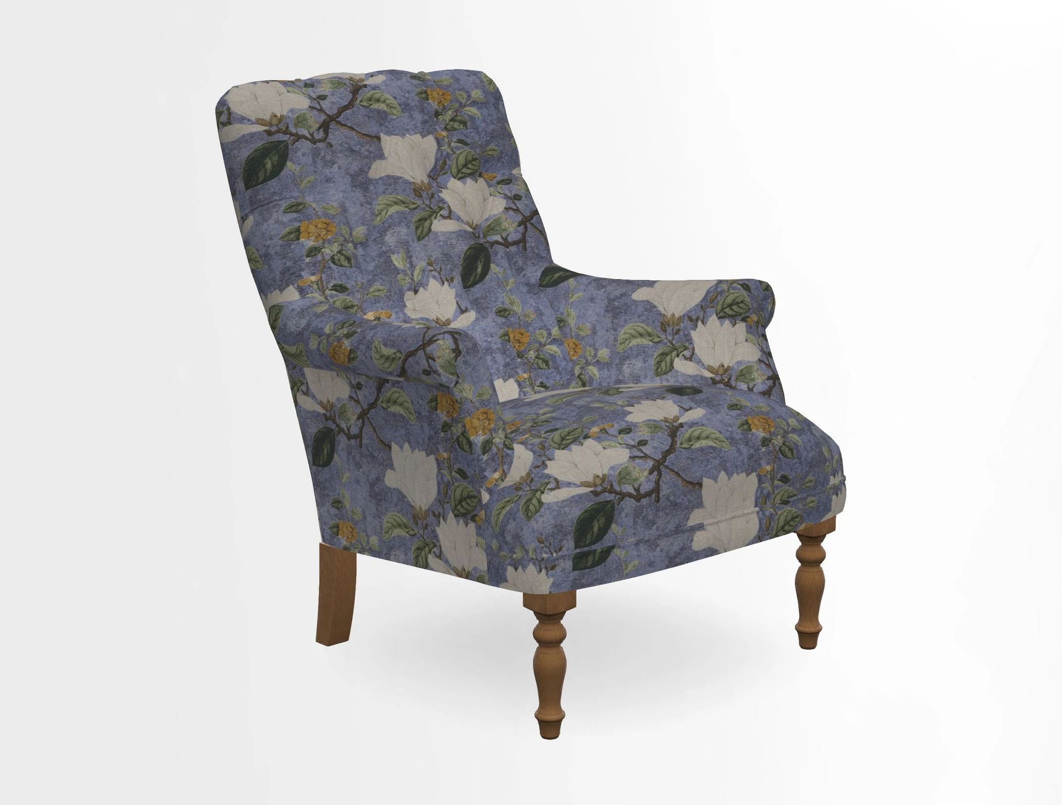 Snape Button Back chair in Spill Resistant V&A Bird & Rabbit Dark Green and Cube footstool in Spill Resistant RHS Etta's Stripe Ink