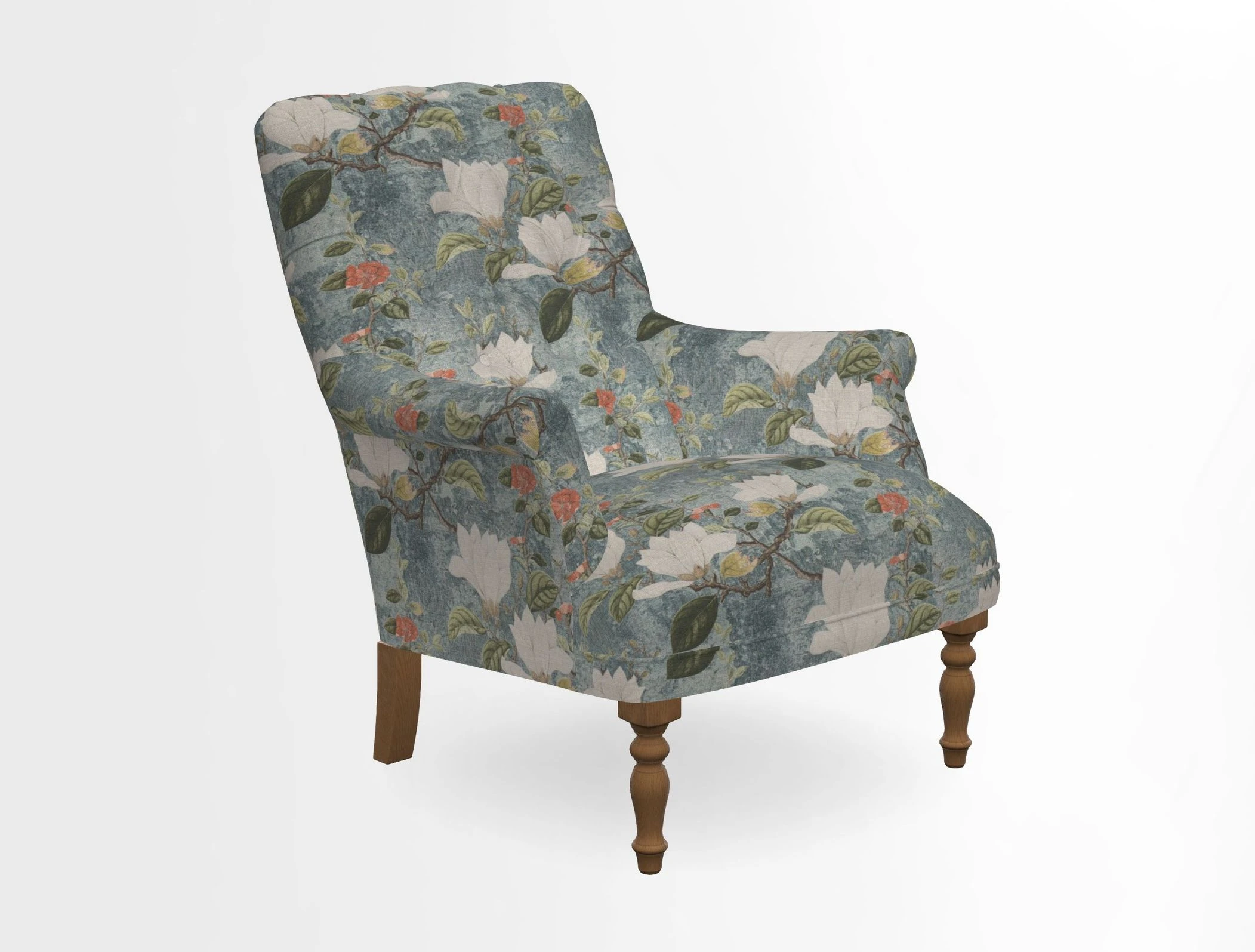 Snape Button Back chair in Spill Resistant V&A Bird & Rabbit Dark Green and Cube footstool in Spill Resistant RHS Etta's Stripe Ink