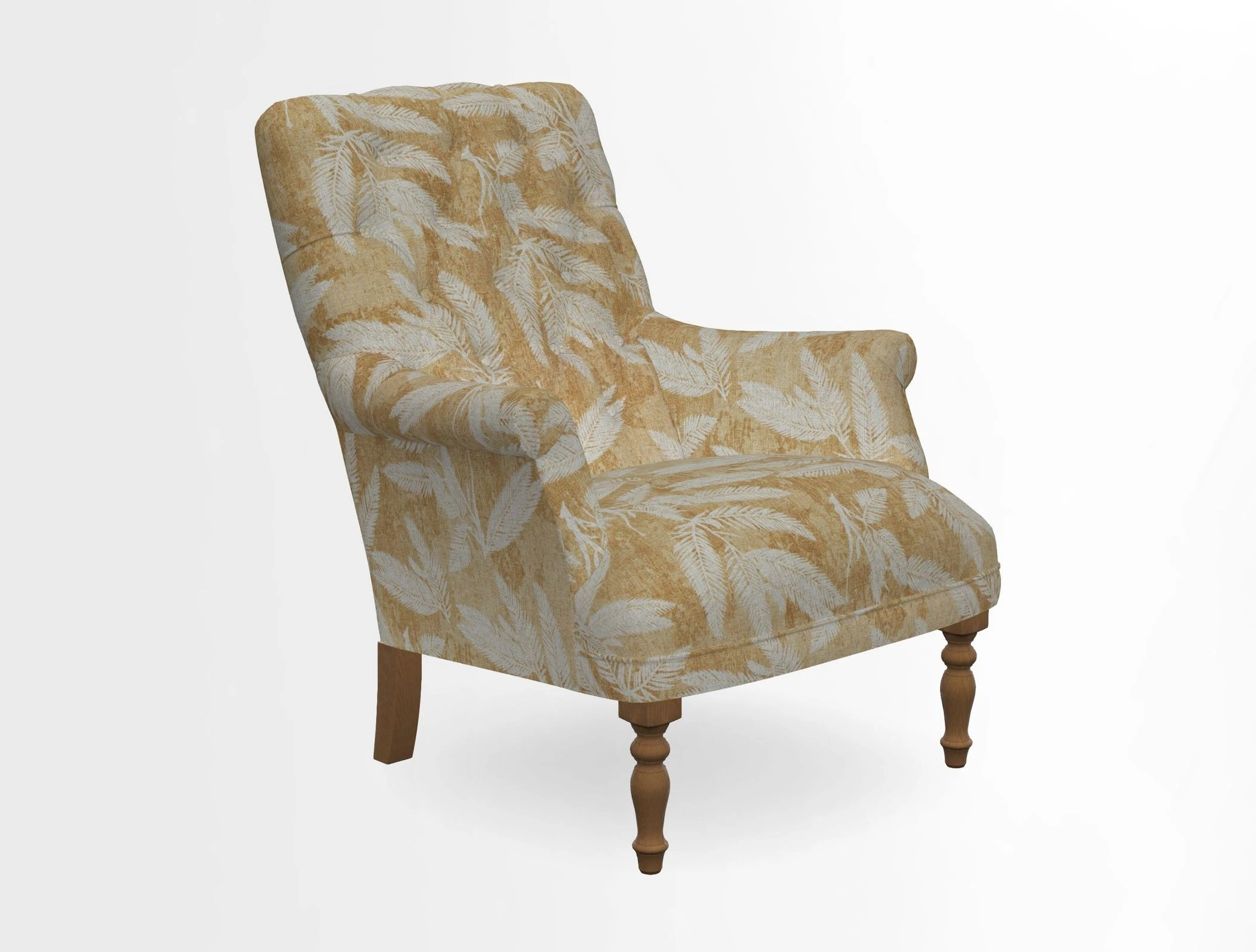 Snape Button Back chair in Spill Resistant V&A Bird & Rabbit Dark Green and Cube footstool in Spill Resistant RHS Etta's Stripe Ink