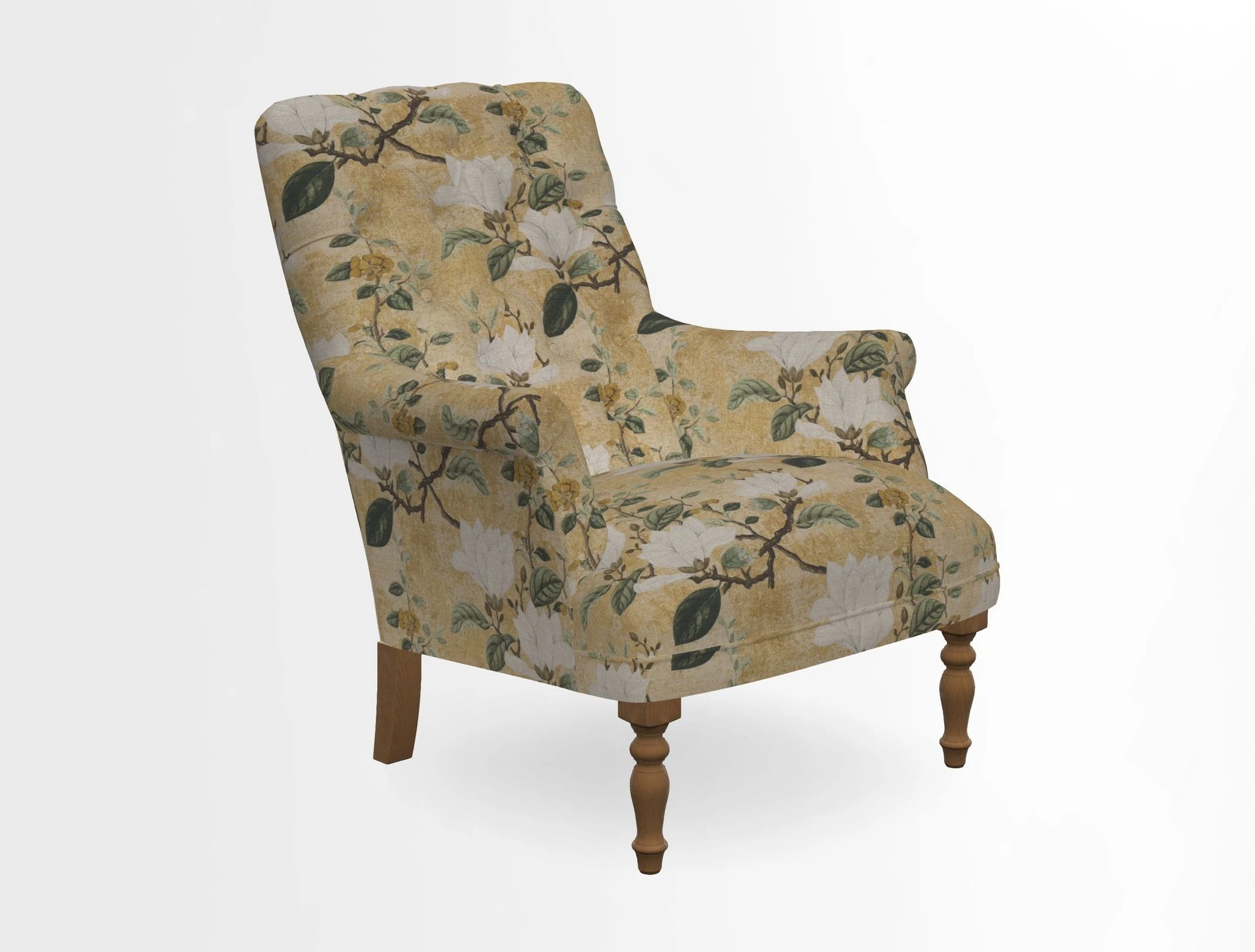 Snape Button Back chair in Spill Resistant V&A Bird & Rabbit Dark Green and Cube footstool in Spill Resistant RHS Etta's Stripe Ink