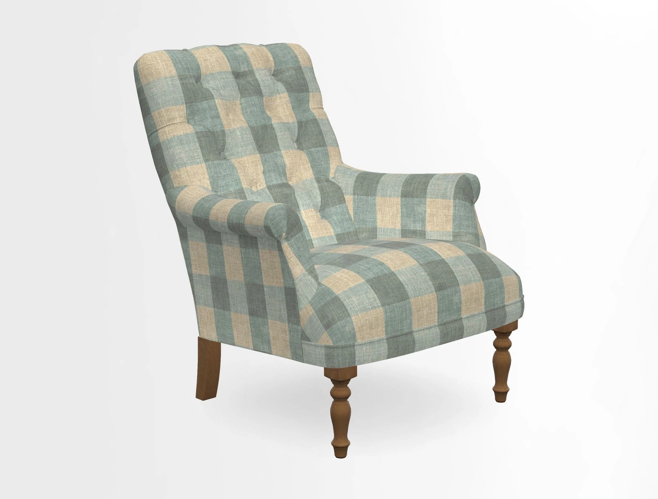 Snape Button Back chair in Spill Resistant V&A Bird & Rabbit Dark Green and Cube footstool in Spill Resistant RHS Etta's Stripe Ink